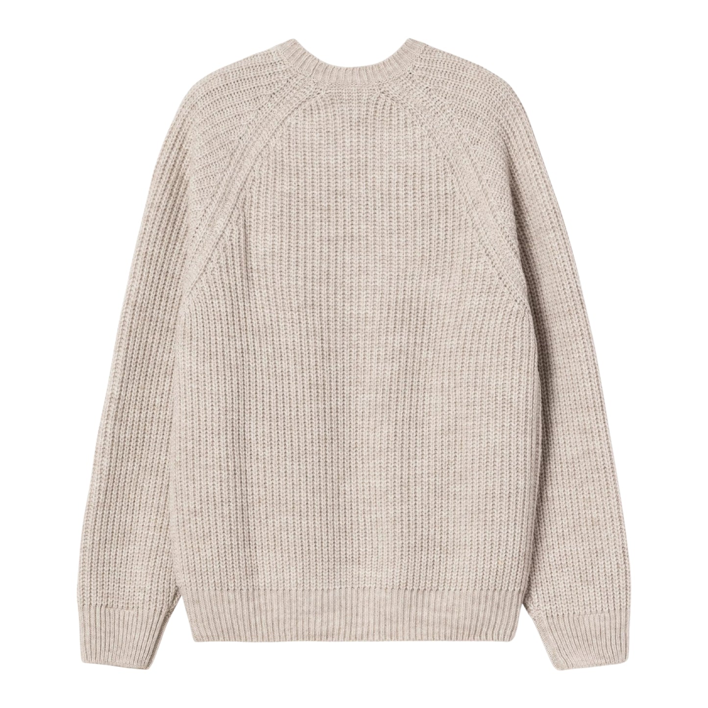 Camisola Carhartt WIP Firth Sweater em Fleur de Sel — vista traseira, produto sem modelo, malha de mistura de fios bege-areia muito claro com efeito melange e textura canelada vertical, mangas raglan, decote redondo, punhos e bainha canelados, fundo branco.
