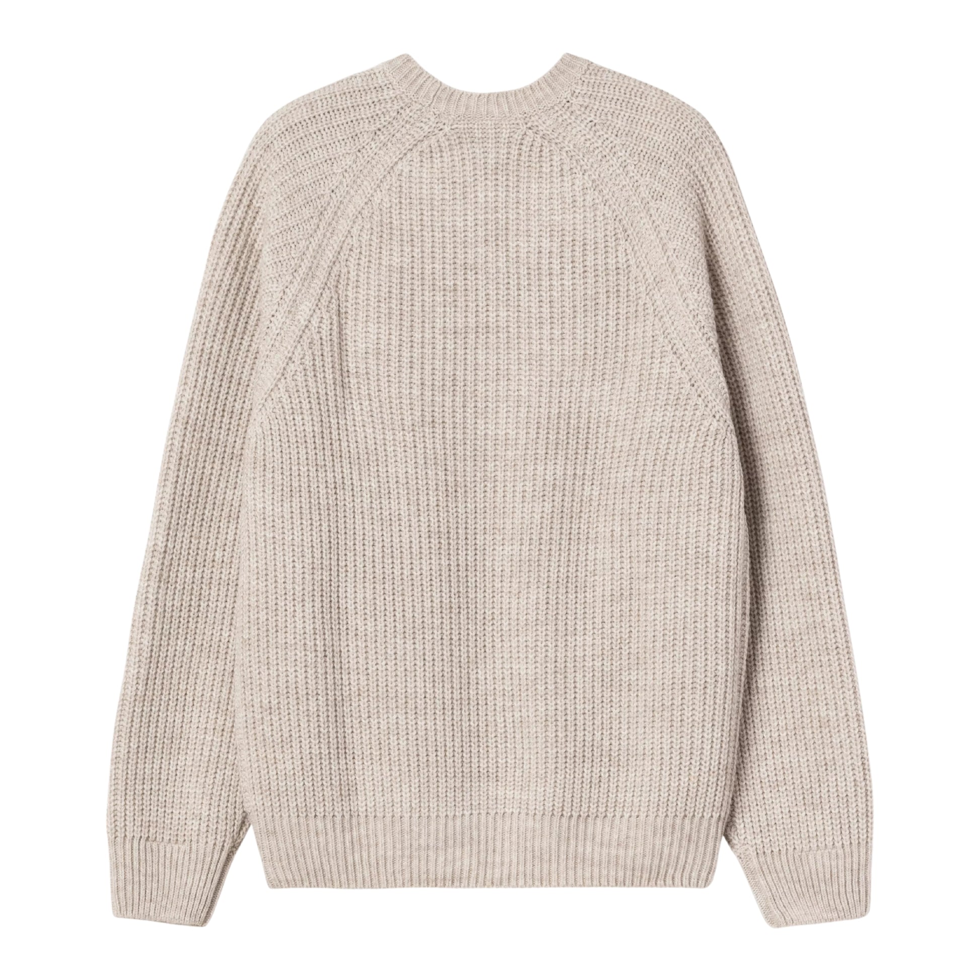 Camisola Carhartt WIP Firth Sweater em Fleur de Sel — vista traseira, produto sem modelo, malha de mistura de fios bege-areia muito claro com efeito melange e textura canelada vertical, mangas raglan, decote redondo, punhos e bainha canelados, fundo branco.