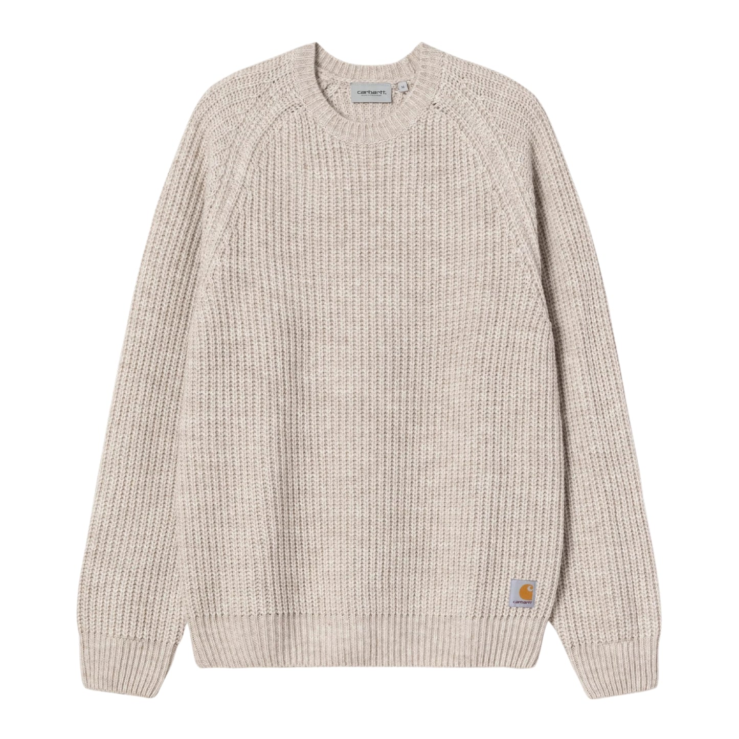 Camisola Carhartt WIP Firth Sweater em Fleur de Sel — vista frontal, produto sem modelo, malha de mistura de fios bege-areia muito claro com efeito melange e textura canelada vertical, mangas raglan, decote redondo, etiqueta Square Label Carhartt WIP na bainha inferior direita e etiqueta interior visível no colarinho, fundo branco.
