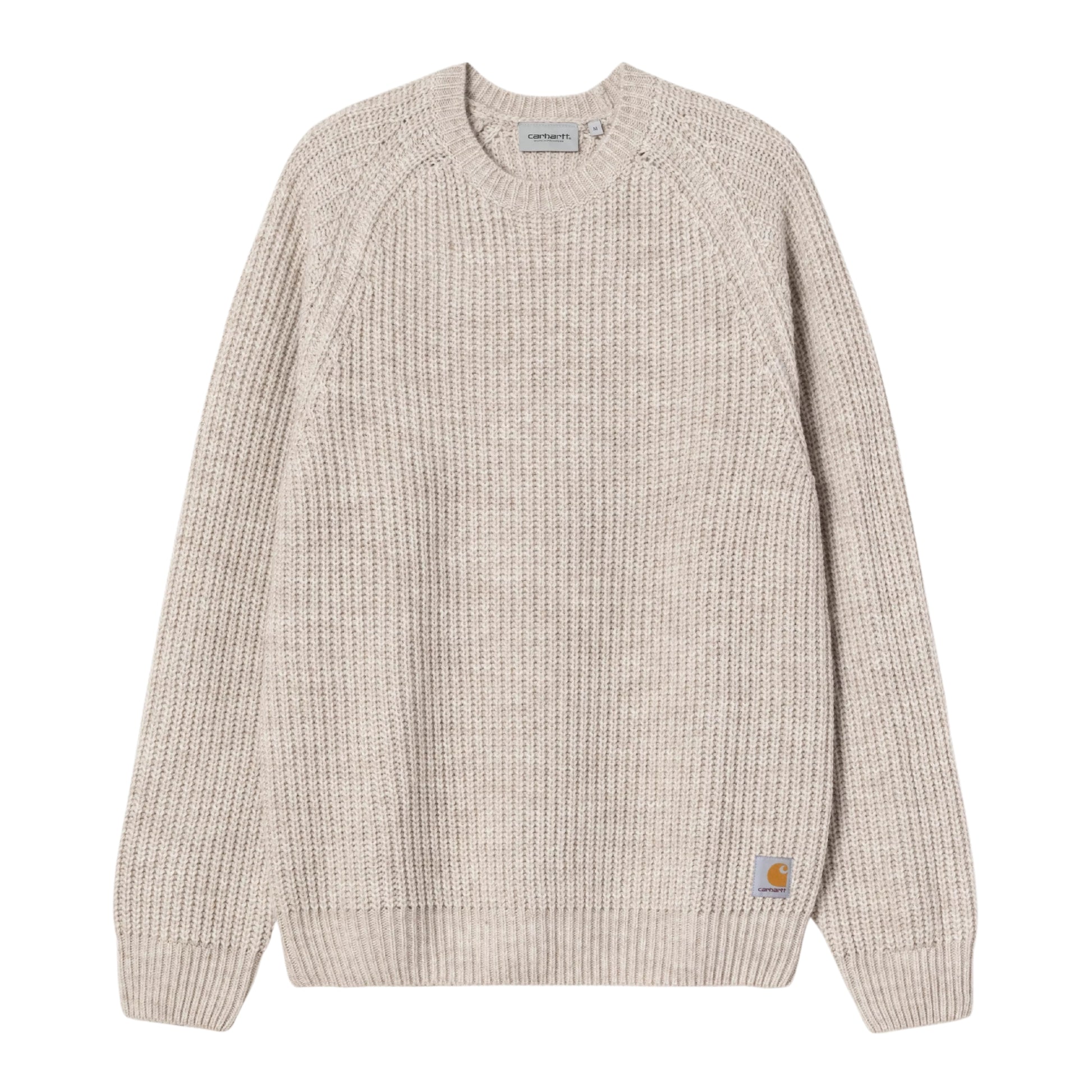 Camisola Carhartt WIP Firth Sweater em Fleur de Sel — vista frontal, produto sem modelo, malha de mistura de fios bege-areia muito claro com efeito melange e textura canelada vertical, mangas raglan, decote redondo, etiqueta Square Label Carhartt WIP na bainha inferior direita e etiqueta interior visível no colarinho, fundo branco.