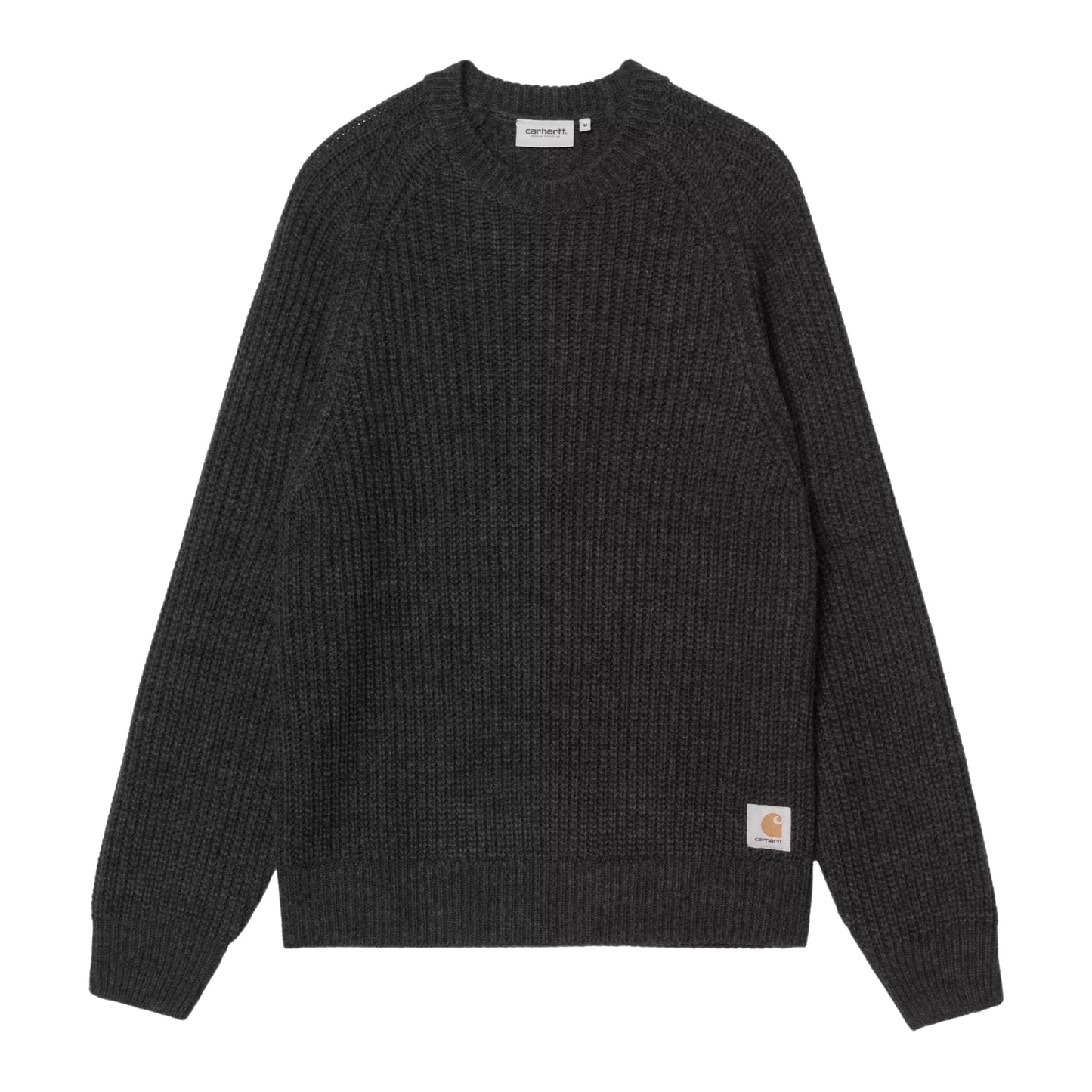 Camisola Carhartt WIP Firth Sweater em Soot — vista frontal, produto sem modelo, malha de mistura de fios em cinzento-chumbo escuro com textura canelada vertical, mangas raglan, decote redondo, etiqueta Square Label Carhartt WIP na bainha inferior direita e etiqueta interior visível no colarinho, fundo branco.