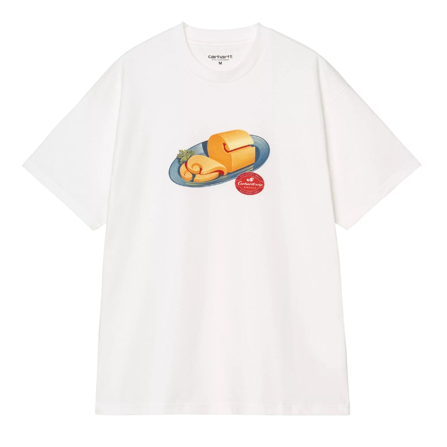 T-shirt de manga curta Carhartt WIP S/S Fromage em Branco — vista frontal, produto sem modelo, t-shirt branca com estampado gráfico de queijo num prato azul e selo oval Carhartt WIP vermelho, etiqueta Carhartt visível no colarinho interior, fundo branco.