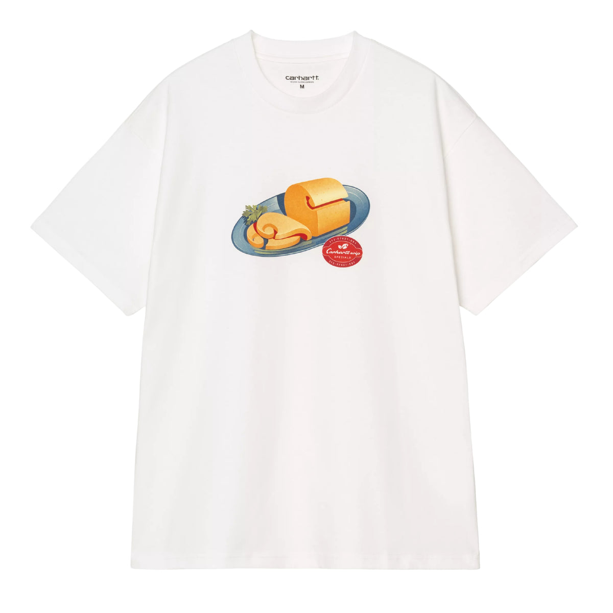 T-shirt de manga curta Carhartt WIP S/S Fromage em Branco — vista frontal, produto sem modelo, t-shirt branca com estampado gráfico de queijo num prato azul e selo oval Carhartt WIP vermelho, etiqueta Carhartt visível no colarinho interior, fundo branco.