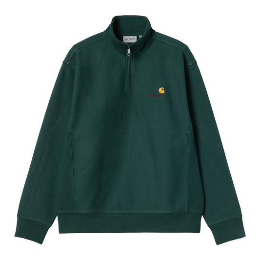 Sweat half zip para homem Carhartt WIP American Script em Dark Fir. Foto da parte da frente.