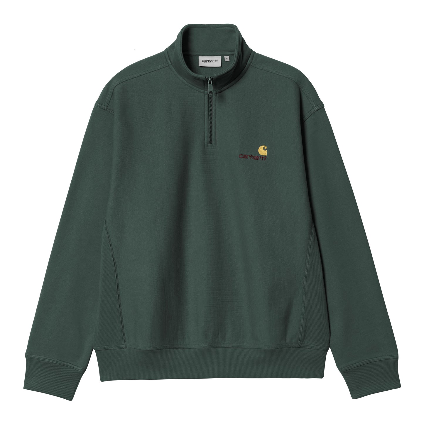 Sweat para homem Carhartt WIP Half Zip American Script em Kale Green. Foto da parte da frente.