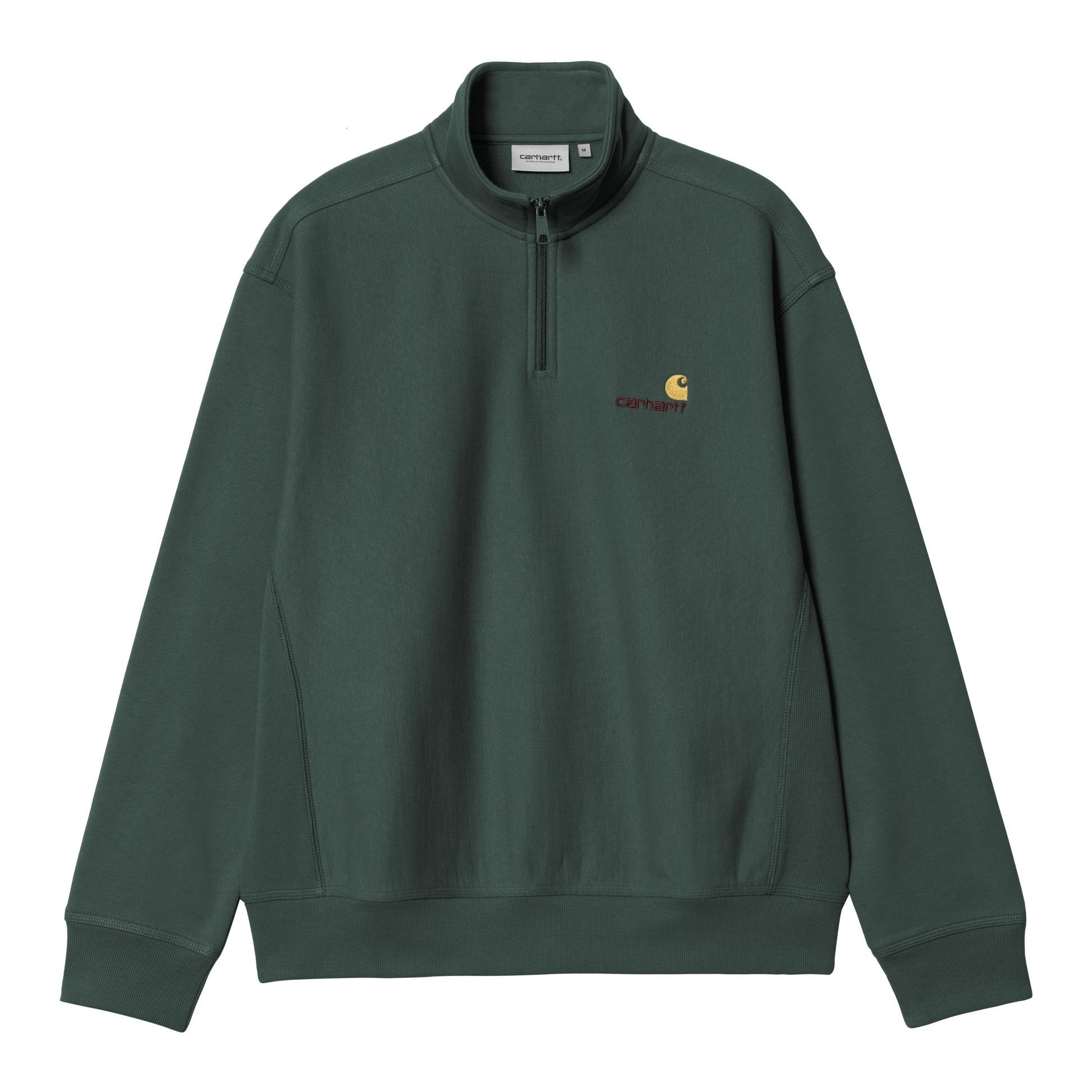 Sweat para homem Carhartt WIP Half Zip American Script em Kale Green. Foto da parte da frente.