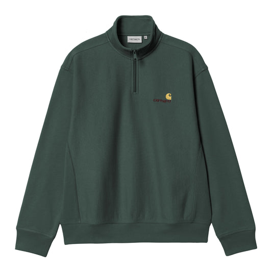 Sweat para homem Carhartt WIP Half Zip American Script em Kale Green. Foto da parte da frente.