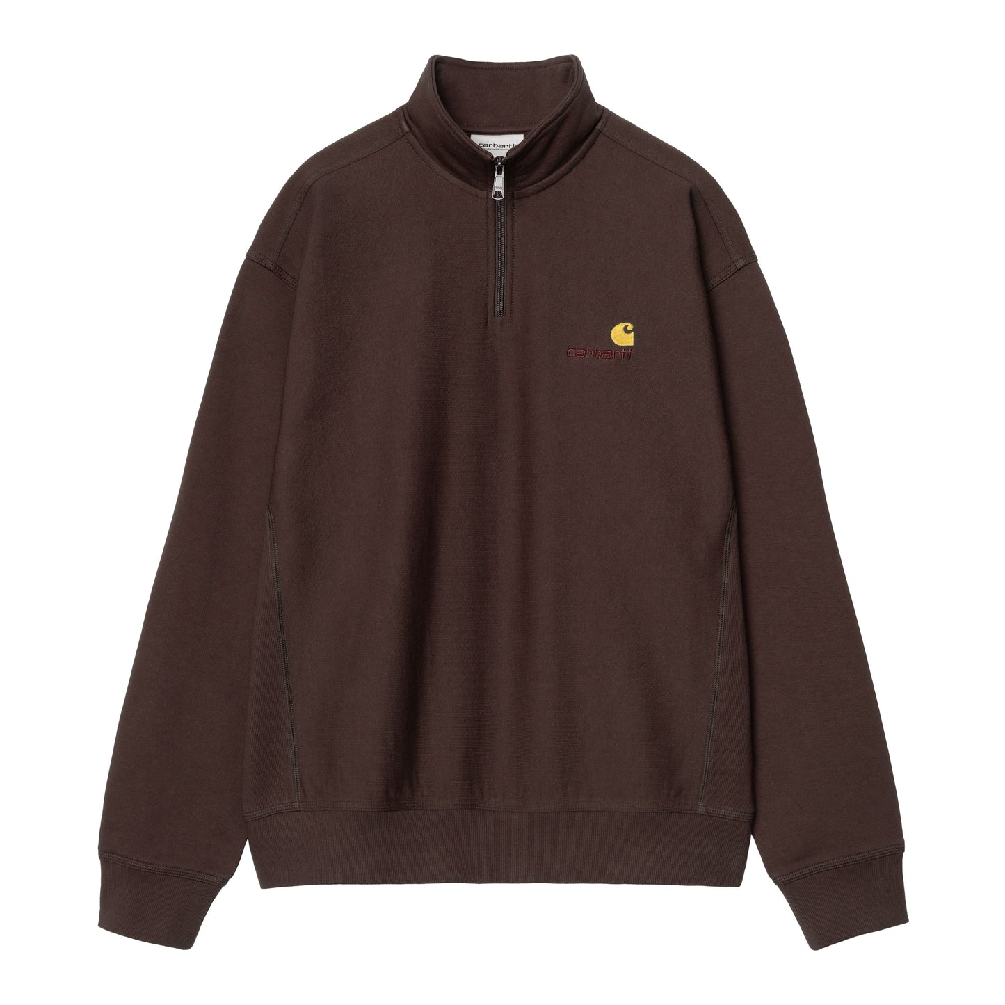 Sweat para homem Carhartt WIP Half Zip American Script em Palisander. Foto da parte da frente.