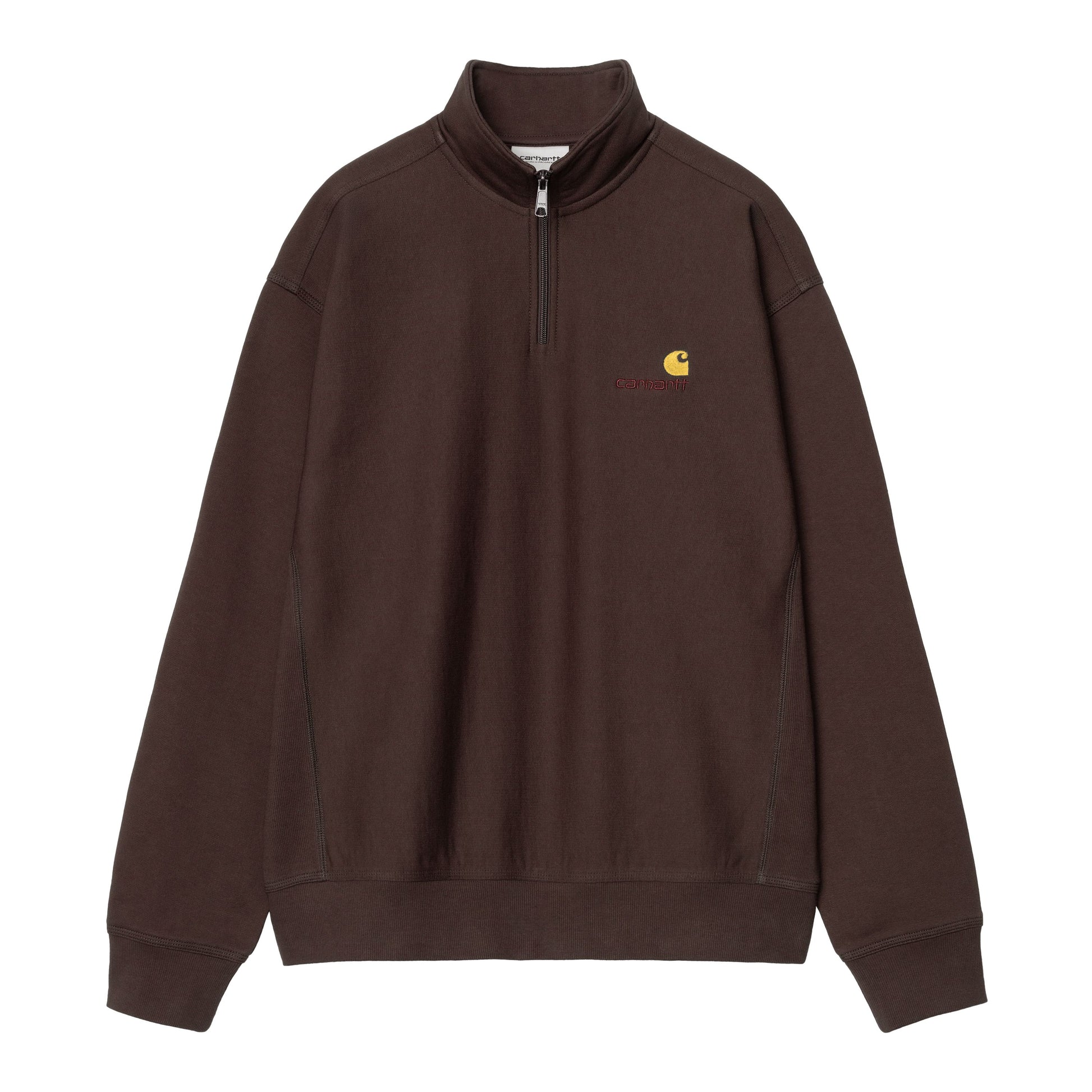 Sweat para homem Carhartt WIP Half Zip American Script em Palisander. Foto da parte da frente.