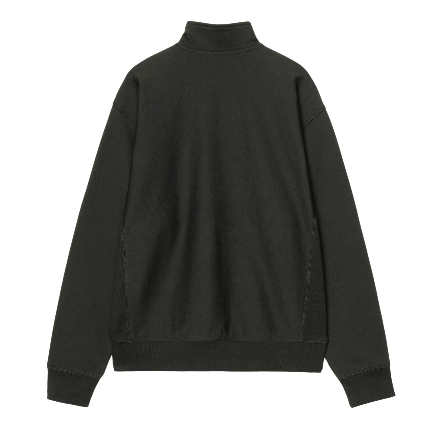 Sweatshirt Carhartt WIP Half Zip American Script em Raven — vista traseira, produto sem modelo, malha cardada verde-floresta muito escuro, gola alta, mangas raglan, costas lisas sem grafismo, punhos e bainha canelados, fundo branco.