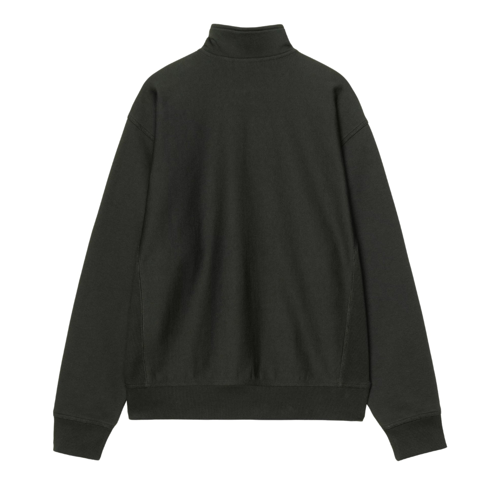 Sweatshirt Carhartt WIP Half Zip American Script em Raven — vista traseira, produto sem modelo, malha cardada verde-floresta muito escuro, gola alta, mangas raglan, costas lisas sem grafismo, punhos e bainha canelados, fundo branco.