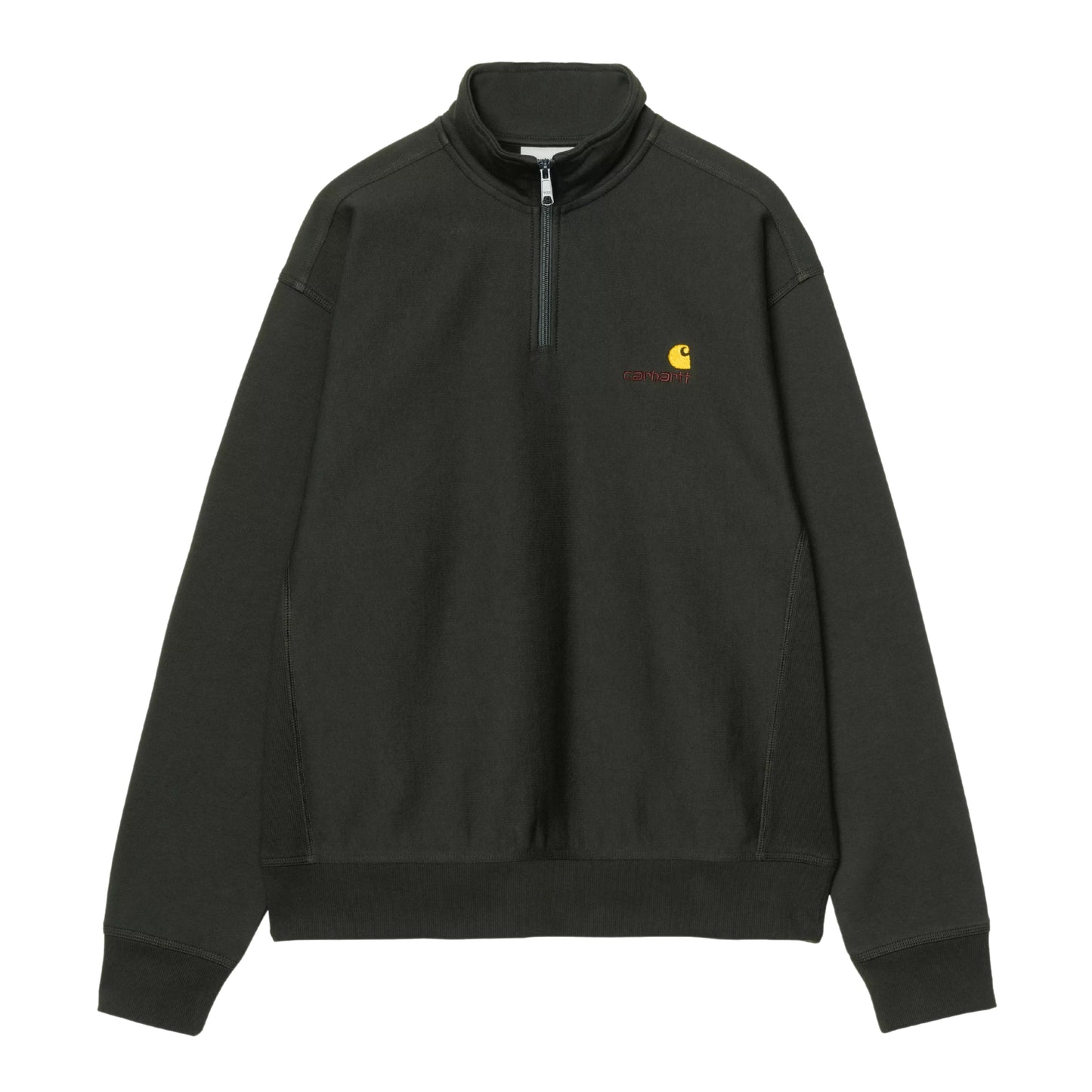 Sweatshirt Carhartt WIP Half Zip American Script em Raven — vista frontal, produto sem modelo, malha cardada verde-floresta muito escuro, gola alta com fecho de correr metálico prateado, bordado American Script em vermelho-laranja com logótipo C amarelo no peito esquerdo, punhos e bainha canelados, fundo branco.