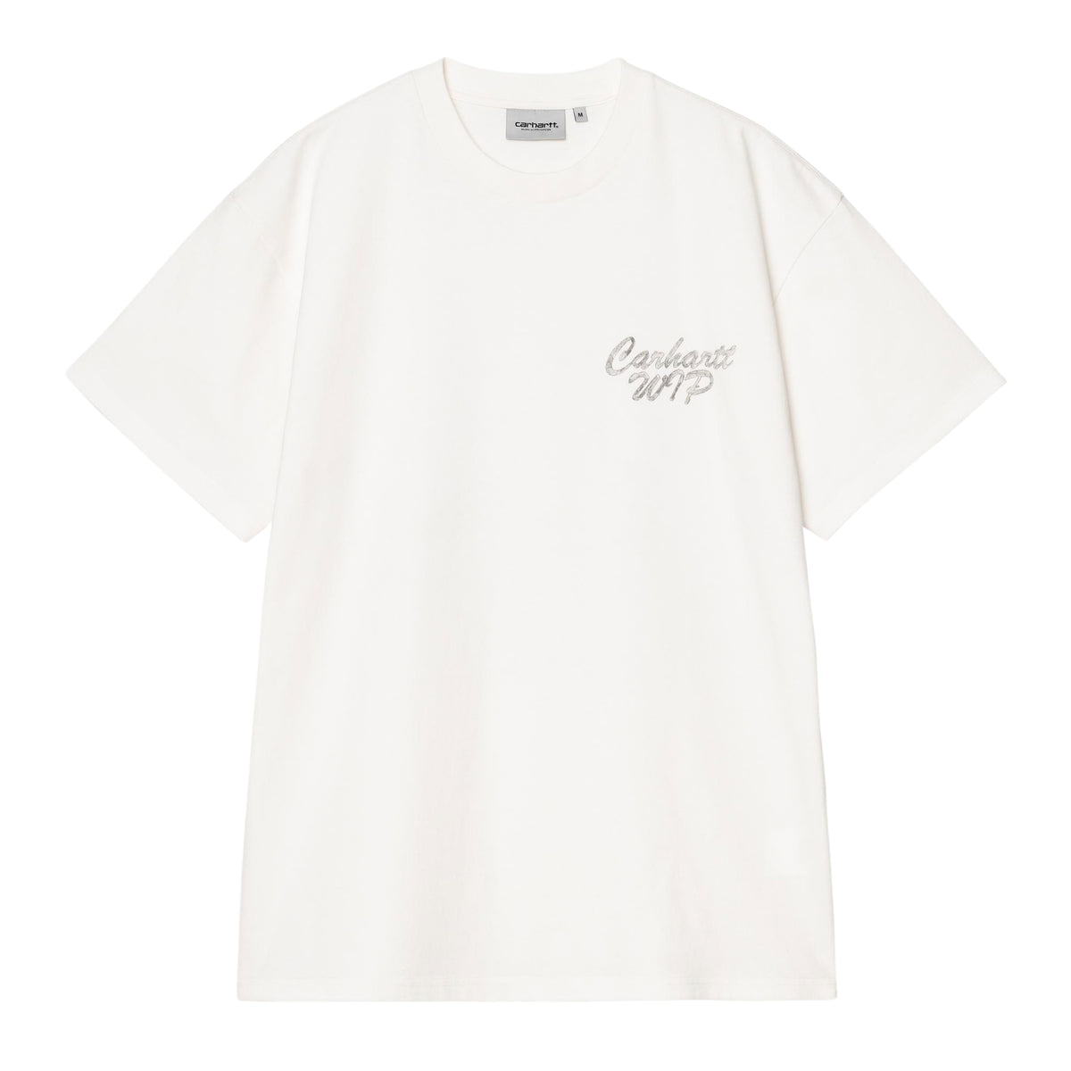 T-shirt de manga curta Carhartt WIP Hatching Script em Wax, peça disposta de frente sobre fundo branco, com gola redonda e pequeno estampado cinzento Carhartt WIP no peito esquerdo.