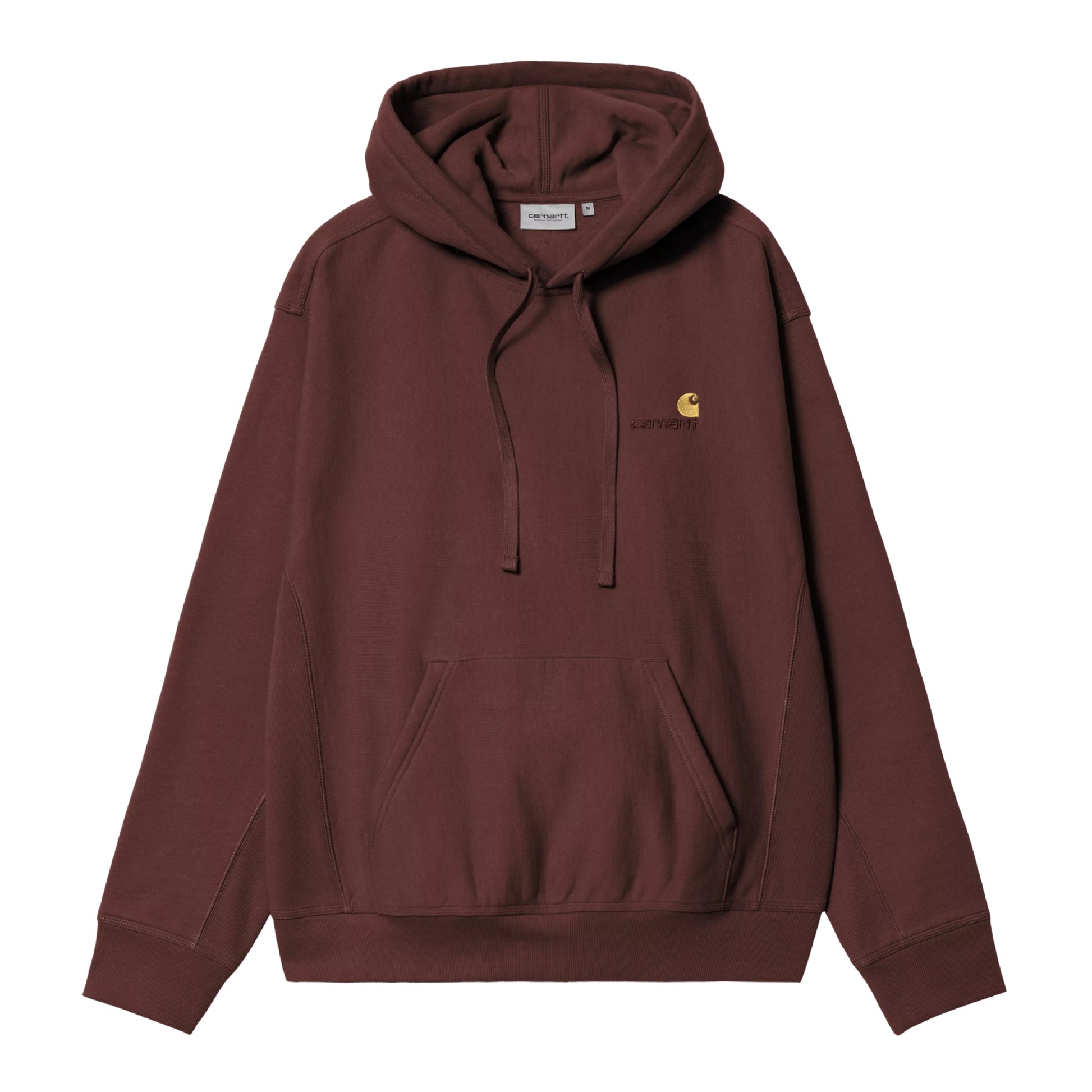 Hoodie Carhartt WIP Hooded American Script Sweat em Amarone — vista frontal, produto sem modelo, malha cardada bordô-vinho escuro, capuz amplo com cordão duplo, interior do capuz preto contrastante, bolso canguru, logótipo C amarelo-dourado com texto carhartt em tom-sobre-tom no peito esquerdo, punhos e bainha canelados, fundo branco.