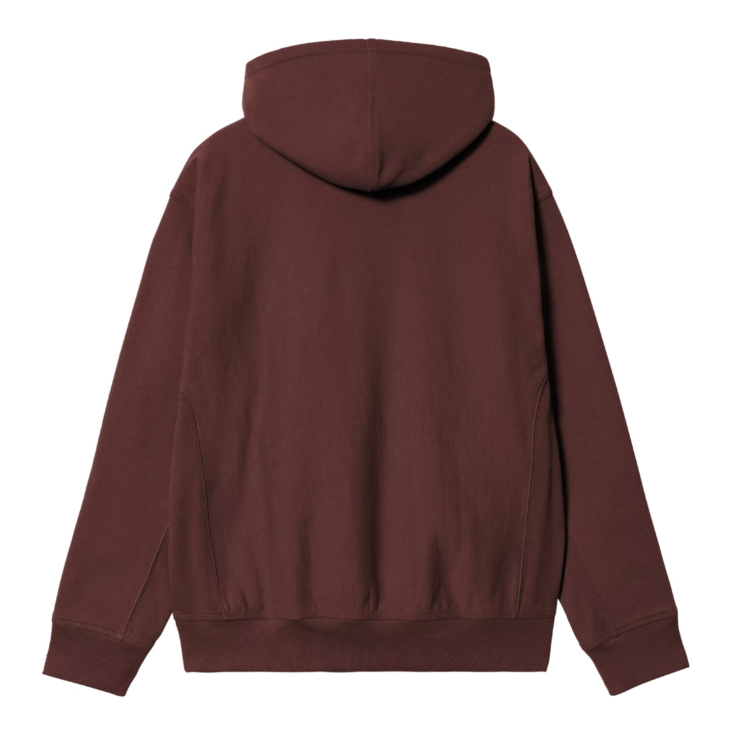 Hoodie Carhartt WIP Hooded American Script Sweat em Amarone — vista traseira, produto sem modelo, malha cardada bordô-vinho escuro, capuz amplo com interior preto, costas lisas sem grafismo, mangas compridas, punhos e bainha canelados, fundo branco.