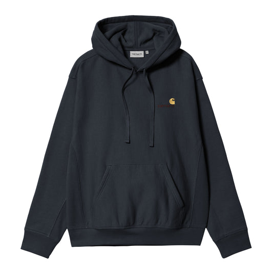 Sweat com carapuço para homem Carhartt WIP Hooded American Script em Deep Night. Foto da parte da frente.