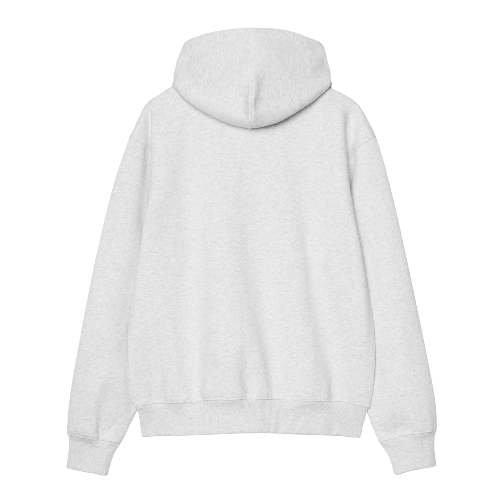 Hoodie Carhartt WIP Hooded Carhartt Sweat em Ash Heather — vista traseira, produto sem modelo, capuz com interior cinzento Graphite visível, costas lisas sem gráfico, bainha e punhos canelados, corte solto com ombros descaídos, malha escovada cinzento mesclado Ash Heather, fundo branco.