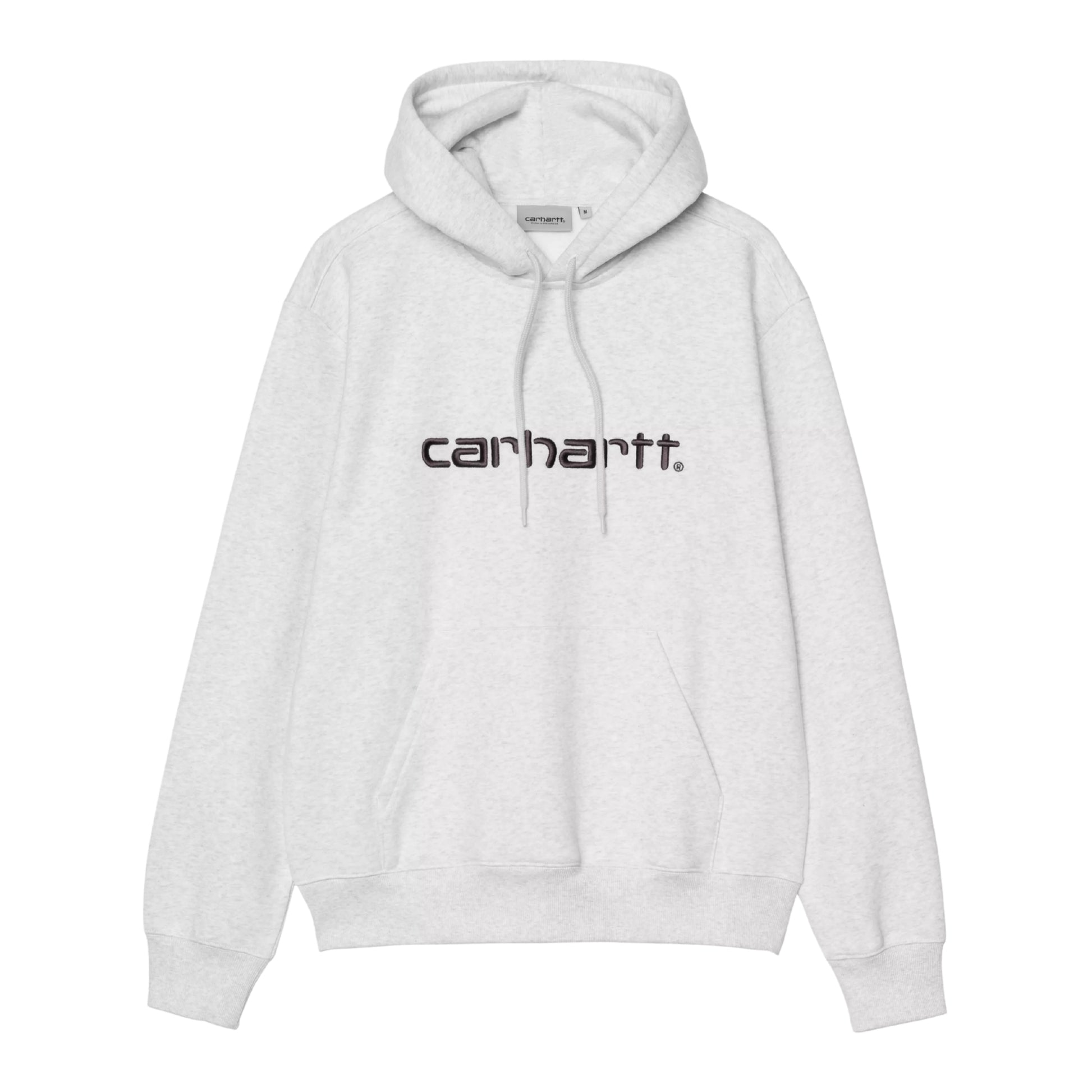 Hoodie Carhartt WIP Hooded Carhartt Sweat em Ash Heather — vista frontal, produto sem modelo, capuz com cordão de ajuste cinzento e ponteiras metálicas, etiqueta Carhartt WIP branca na gola interior visível, logótipo Script "carhartt.®" bordado ao peito em Graphite centrado, bolso canguru, bainha e punhos canelados, corte solto com ombros descaídos, malha escovada cinzento mesclado Ash Heather, fundo branco.