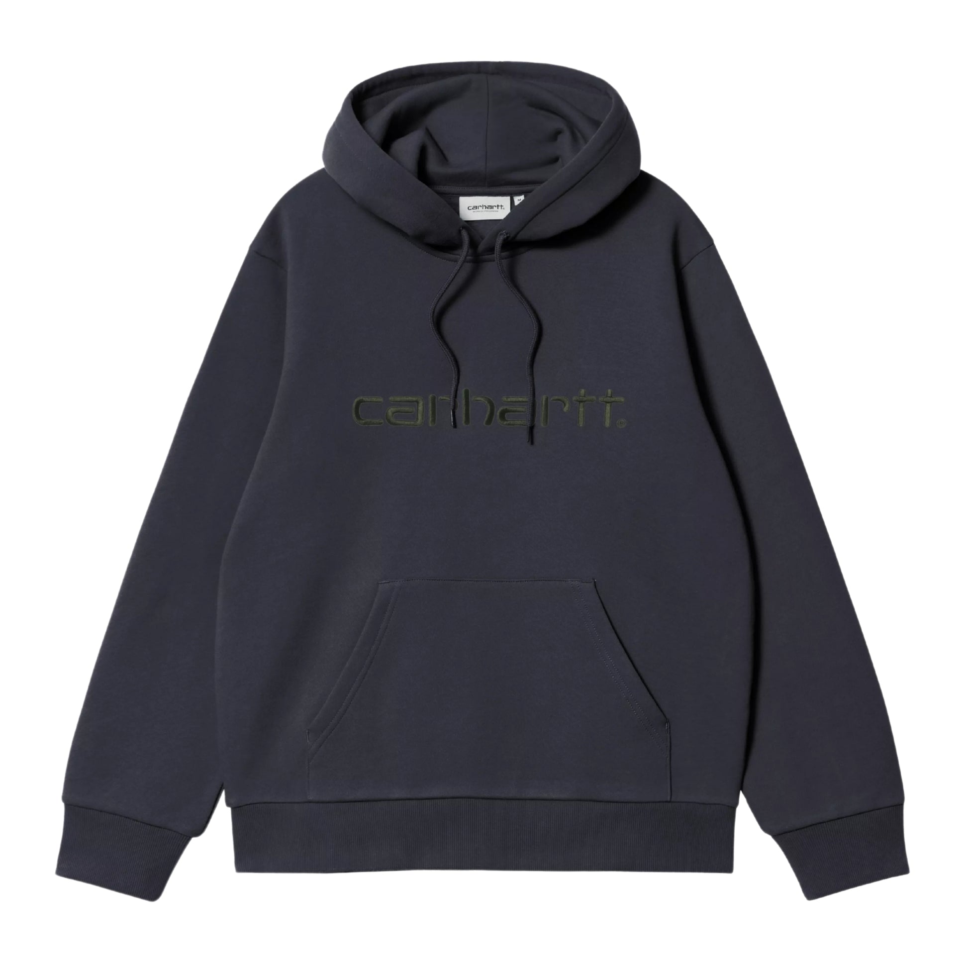 Sweat com carapuço para homem Carhartt WIP Carhartt Sweat em Dark Navy / Dark Scarab — produto sem modelo, vista frontal, detalhe do logo Script e bolso canguru.
