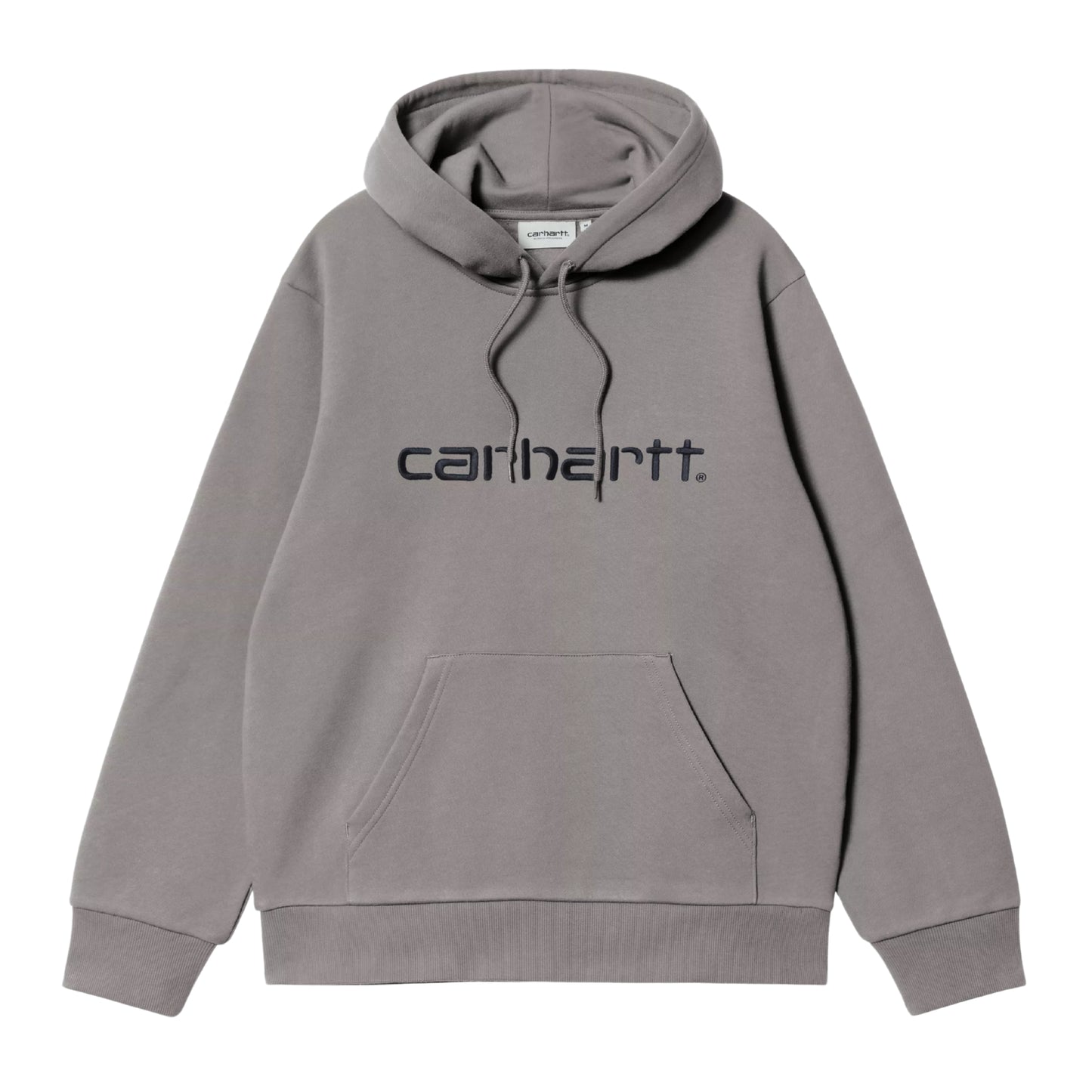 Sweat com carapuço para homem Carhartt WIP Carhartt Sweat em Shady Grey / Dark Navy — produto sem modelo, vista frontal, detalhe do logo Script e bolso canguru.