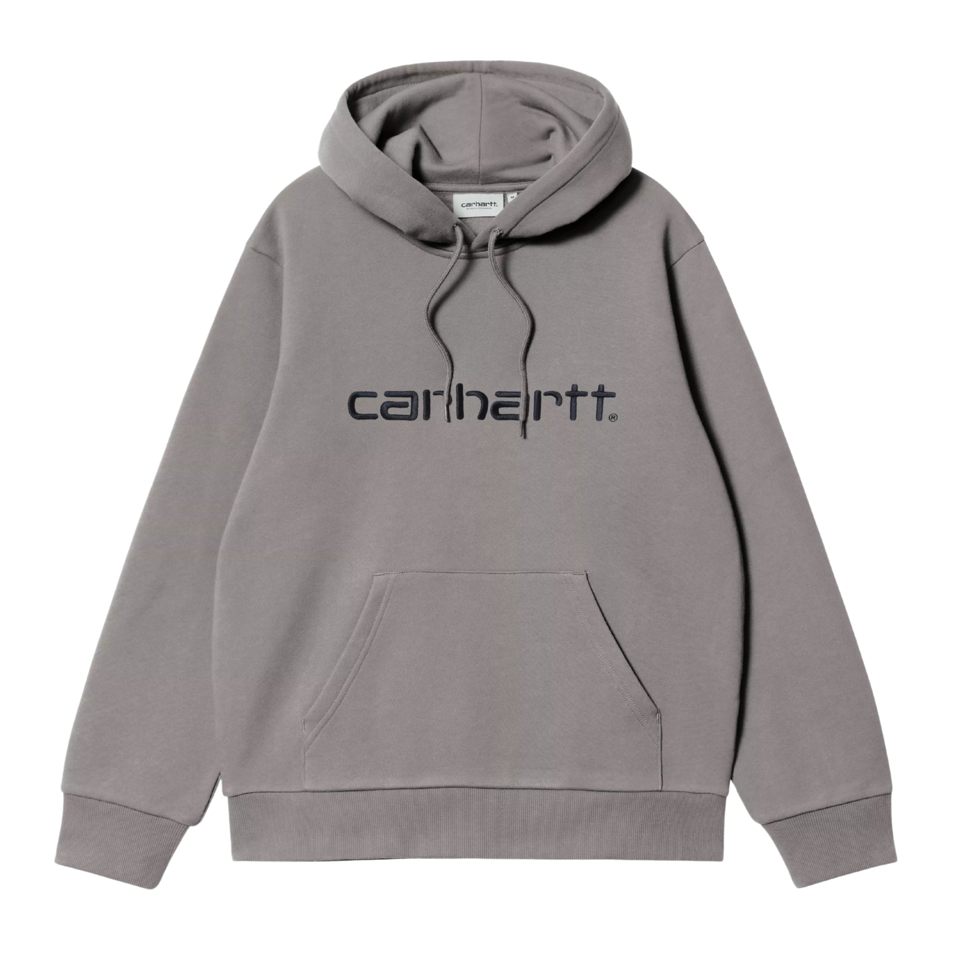 Sweat com carapuço para homem Carhartt WIP Carhartt Sweat em Shady Grey / Dark Navy — produto sem modelo, vista frontal, detalhe do logo Script e bolso canguru.