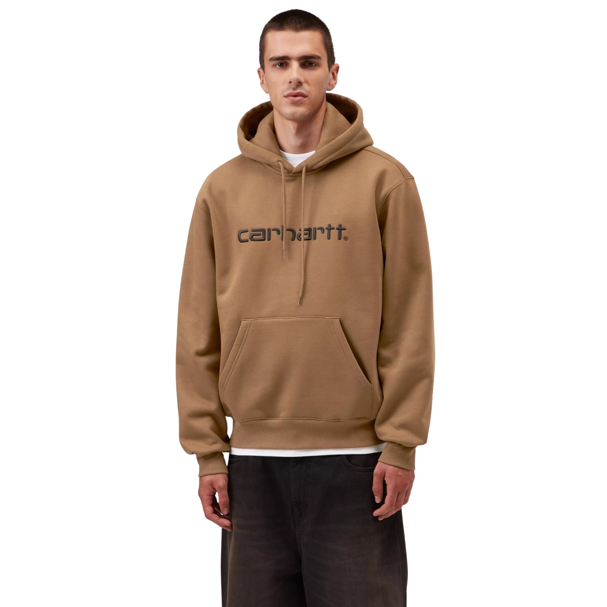 Sweat com carapuço para homem Carhartt WIP Carhartt Sweat em WIP Hamilton Brown/Black. Vista frontal com modelo (meio corpo).