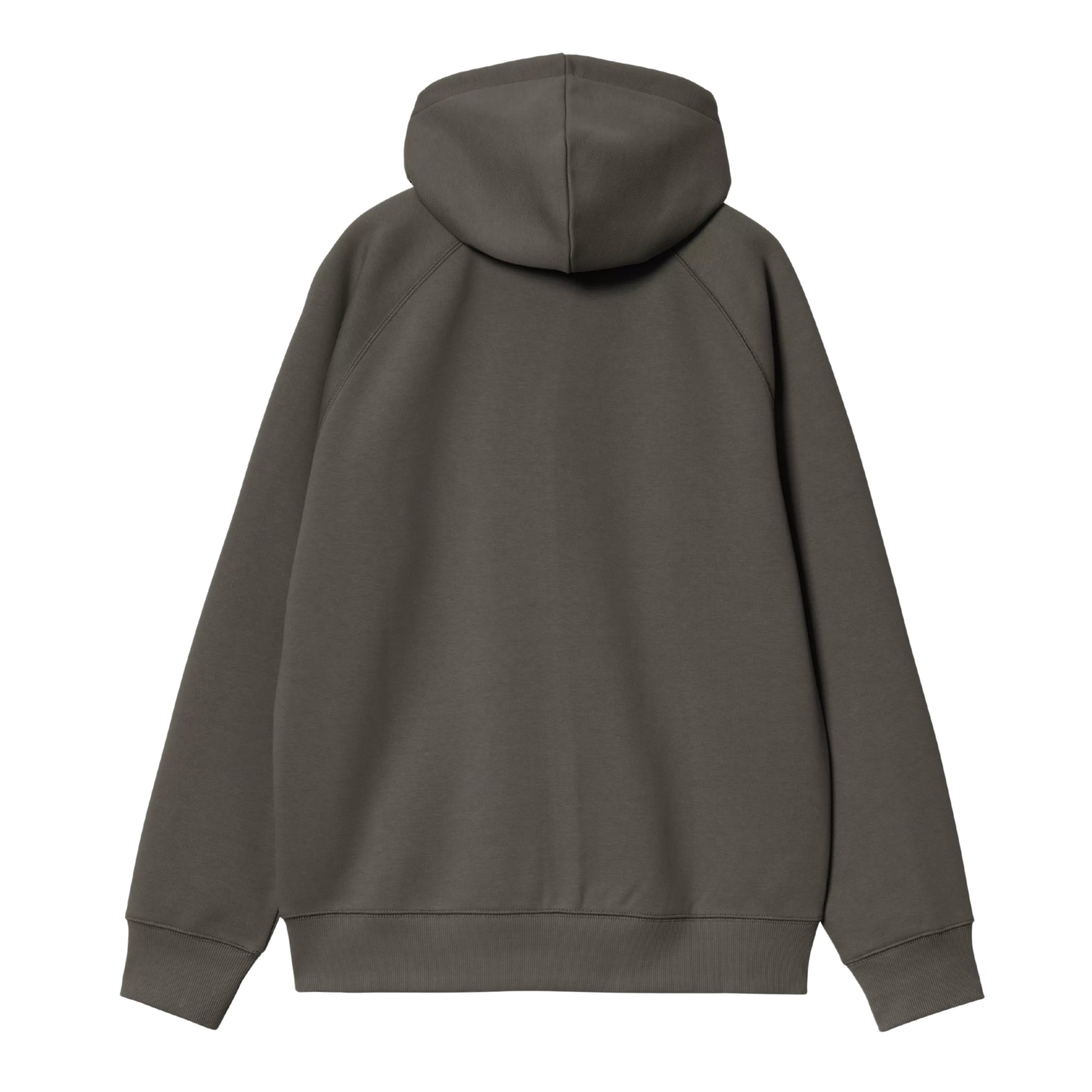Casaco com carapuço Carhartt WIP Hooded Chase Jacket em Shungite / Gold — produto sem modelo, vista traseira, detalhe das mangas raglan e carapuço.