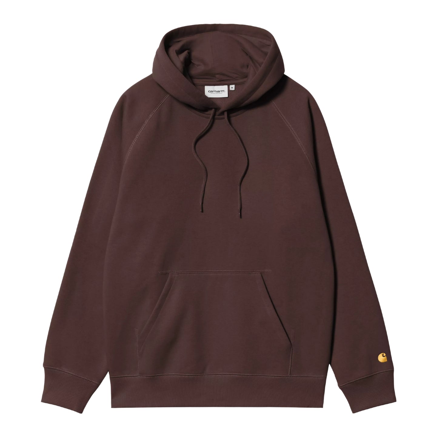 Sweat com carapuço para homem Carhartt WIP Chase em Palisander / Gold — produto sem modelo, vista frontal, detalhe do logo "C" bordado a dourado na manga esquerda e bolso canguru.