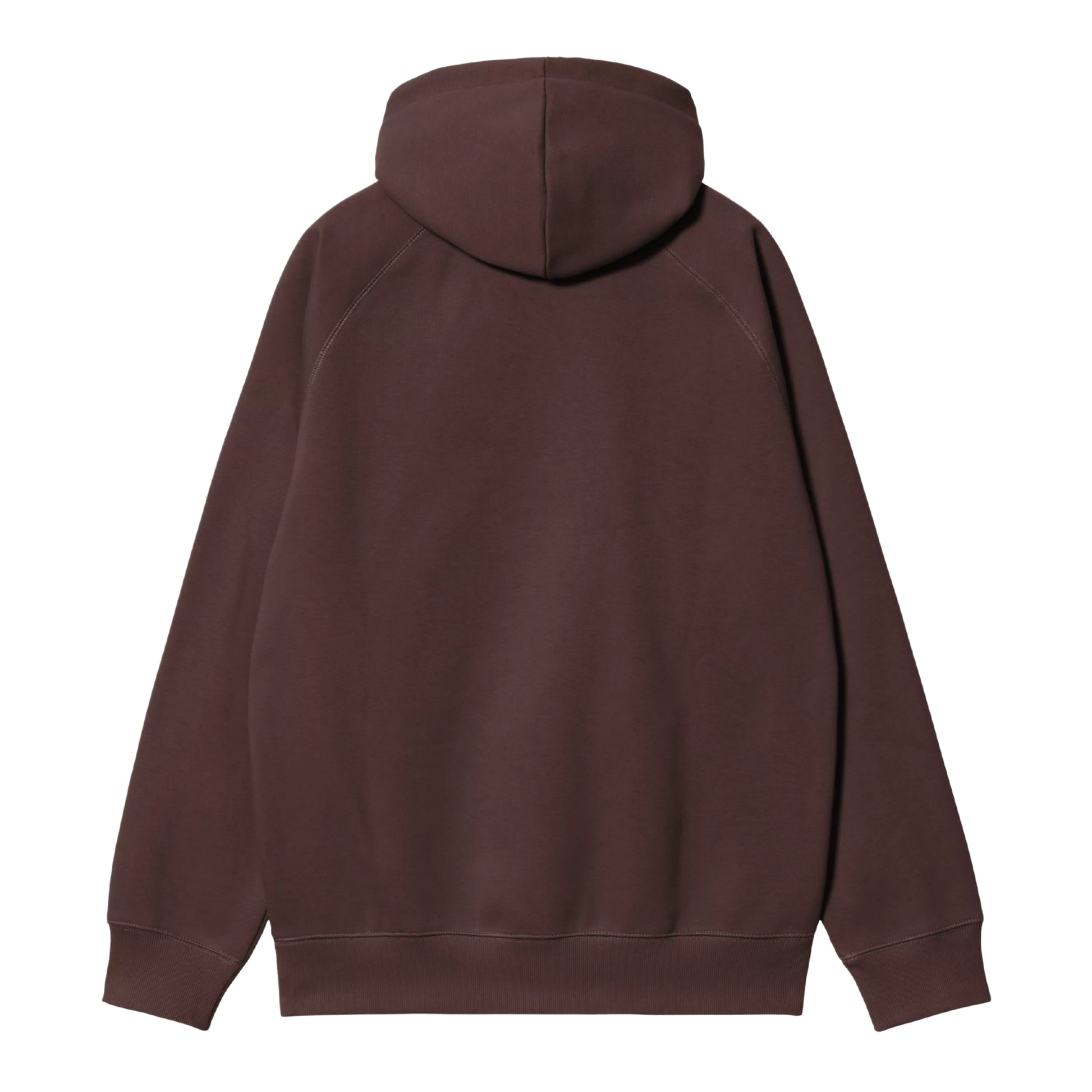 Sweat com carapuço para homem Carhartt WIP Chase em Palisander / Gold — produto sem modelo, vista traseira, detalhe das mangas raglan e capota.