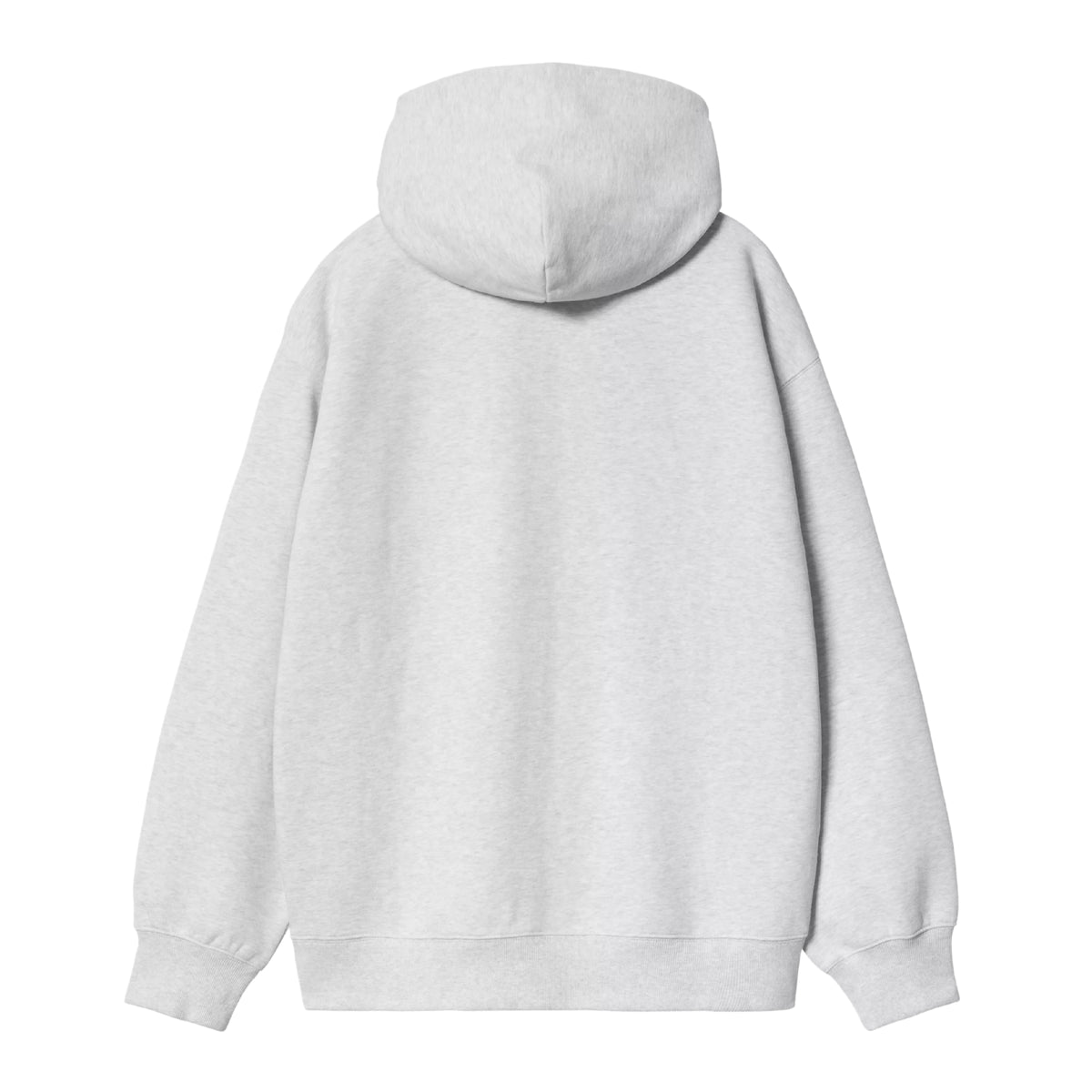 Sweat jacket com capuz Carhartt WIP Hooded WIP em ash heather stone washed — vista de costas sem modelo, corpo inteiro, balloon fit, capuz volumoso, bainha e punhos com nervura elástica, fundo branco.