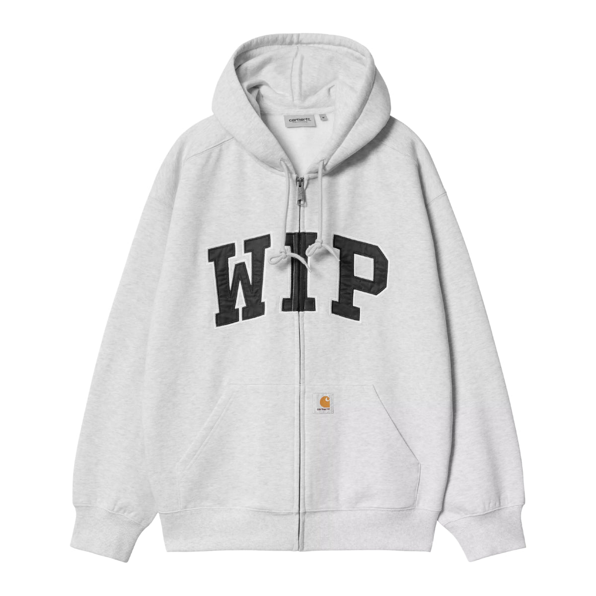 Sweat jacket com capuz Carhartt WIP Hooded WIP em ash heather stone washed — vista de frente sem modelo, corpo inteiro, aplique WIP em arco em preto no peito, fecho de correr central com cordão de ajuste no capuz, logótipo Carhartt dourado na anca, fundo branco.