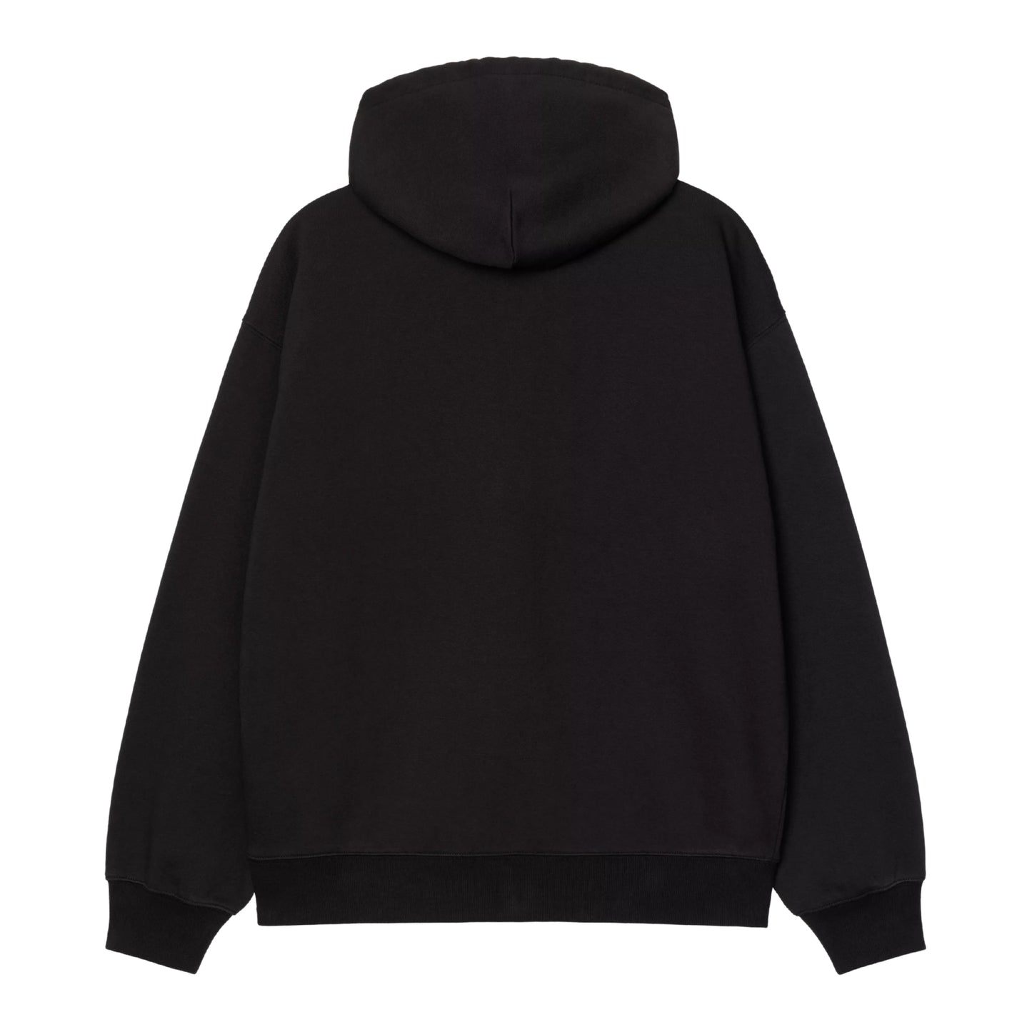 Sweat jacket com capuz Carhartt WIP Hooded WIP em black stone washed — vista de costas sem modelo, corpo inteiro, balloon fit, capuz volumoso, costas limpas, bainha e punhos com nervura elástica, fundo branco.