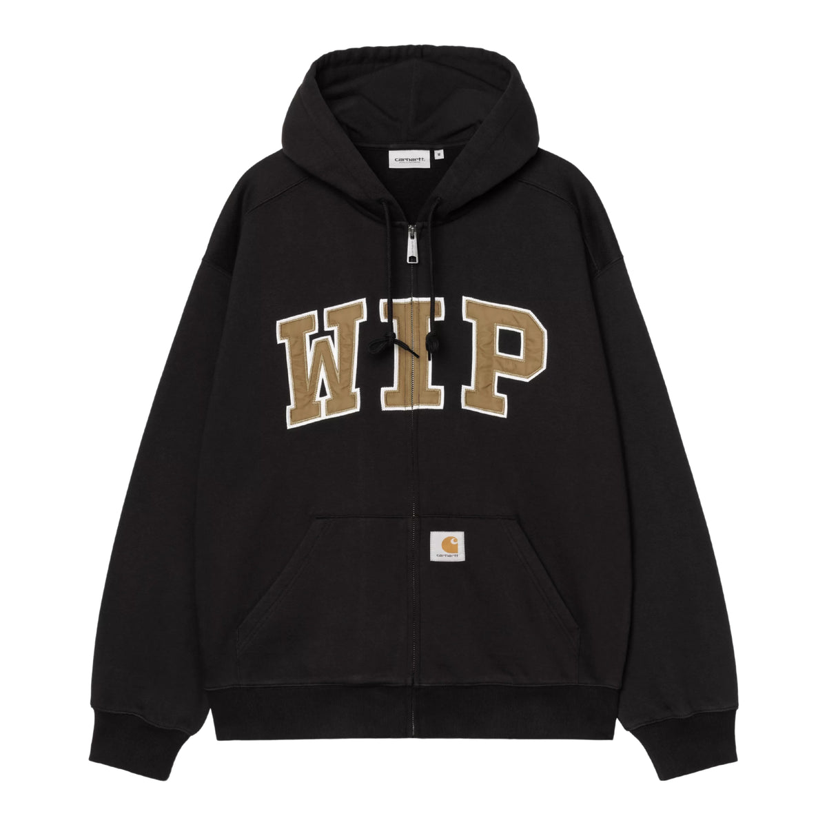 Sweat jacket com capuz Carhartt WIP Hooded WIP em black stone washed — vista de frente sem modelo, corpo inteiro, aplique WIP em arco dourado no peito, fecho de correr central com cordão de ajuste no capuz, logótipo Carhartt na anca, bolso canguru duplo, fundo branco.