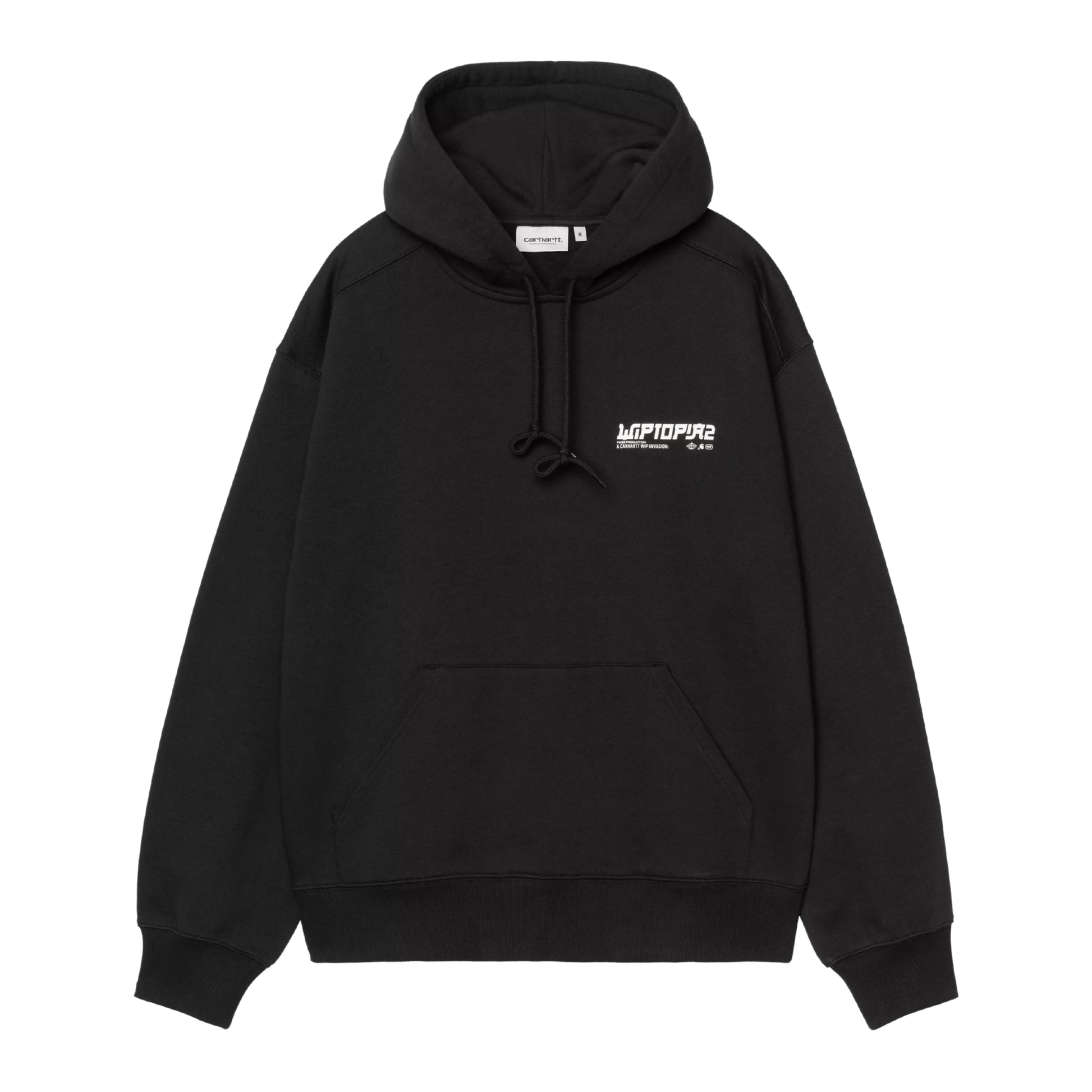 Sweat com carapuço Carhartt WIP Hooded Wiptopia II em preto — produto sem modelo, vista frontal, gráfico Wiptopia 2 no peito esquerdo, capota com cordão e bolso canguru visíveis.