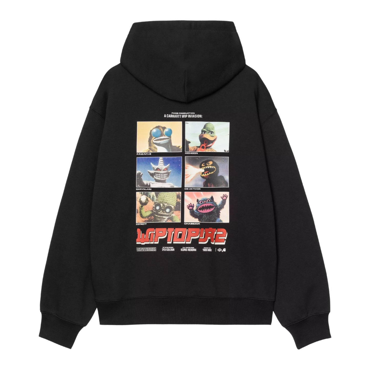 Sweat com carapuço Carhartt WIP Hooded Wiptopia II em preto — produto sem modelo, vista traseira, detalhe do gráfico "A Carhartt WIP Invasion: Wiptopia 2" com seis personagens monstro em grelha e logótipo vermelho.