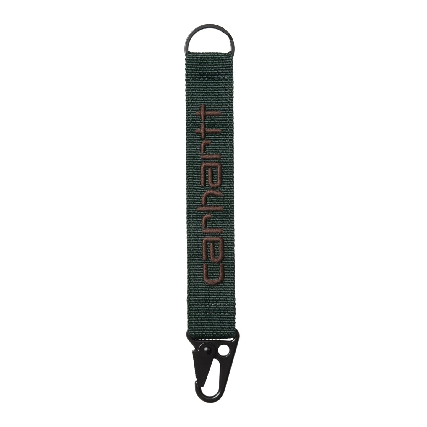 Porta-chaves Carhartt WIP Jaden Keyholder em Dark Scarab / Palisander — vista traseira, tira de rede de poliéster canelada verde-floresta escuro com letras "carhartt" bordadas em castanho-escuro em relevo, argola D-ring preta no topo, mosquetão preto na parte inferior, fundo branco.