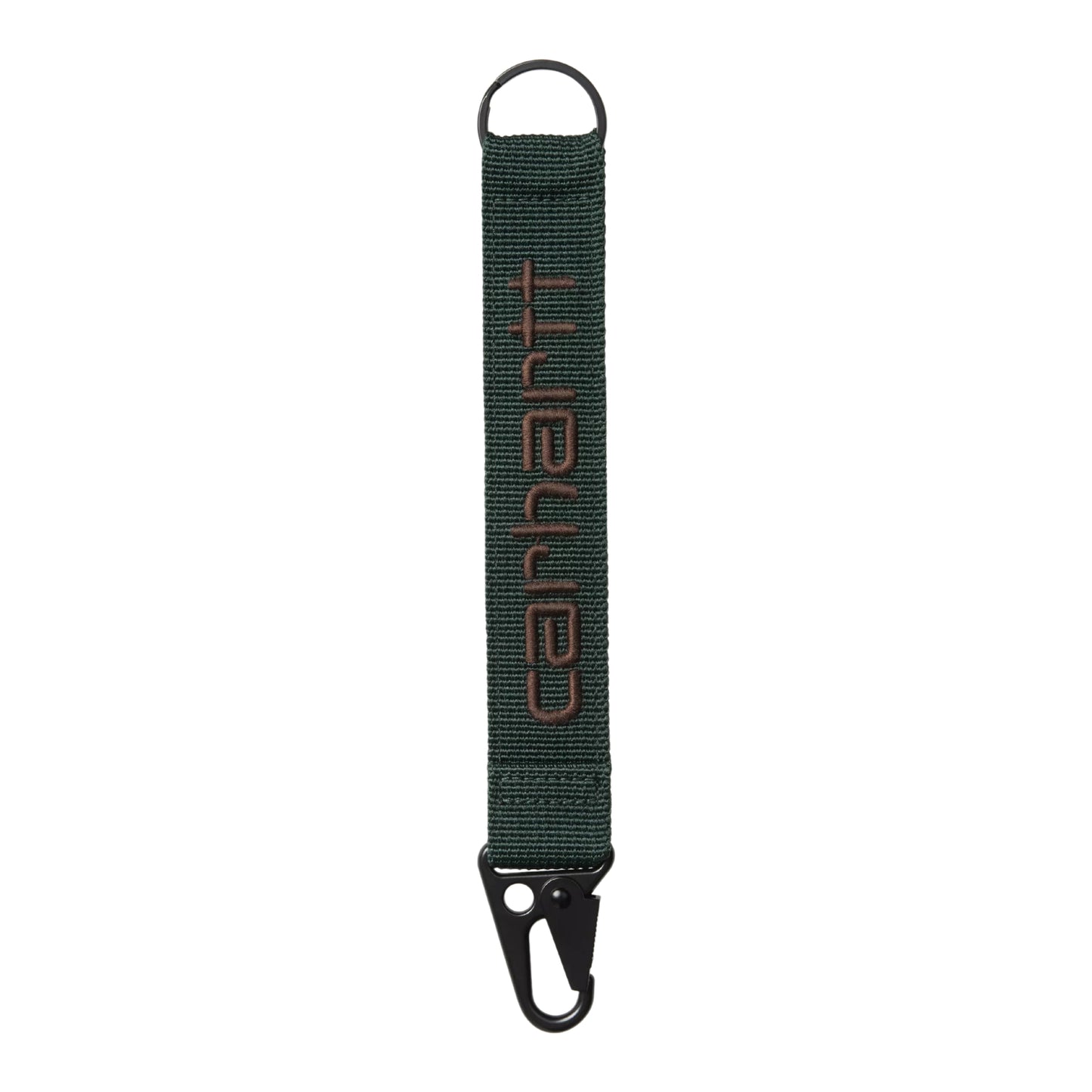 Porta-chaves Carhartt WIP Jaden Keyholder em Dark Scarab / Palisander — vista frontal, tira de rede de poliéster canelada verde-floresta escuro com letras "carhartt" bordadas em castanho-escuro em relevo, argola D-ring preta no topo, mosquetão preto na parte inferior, fundo branco.