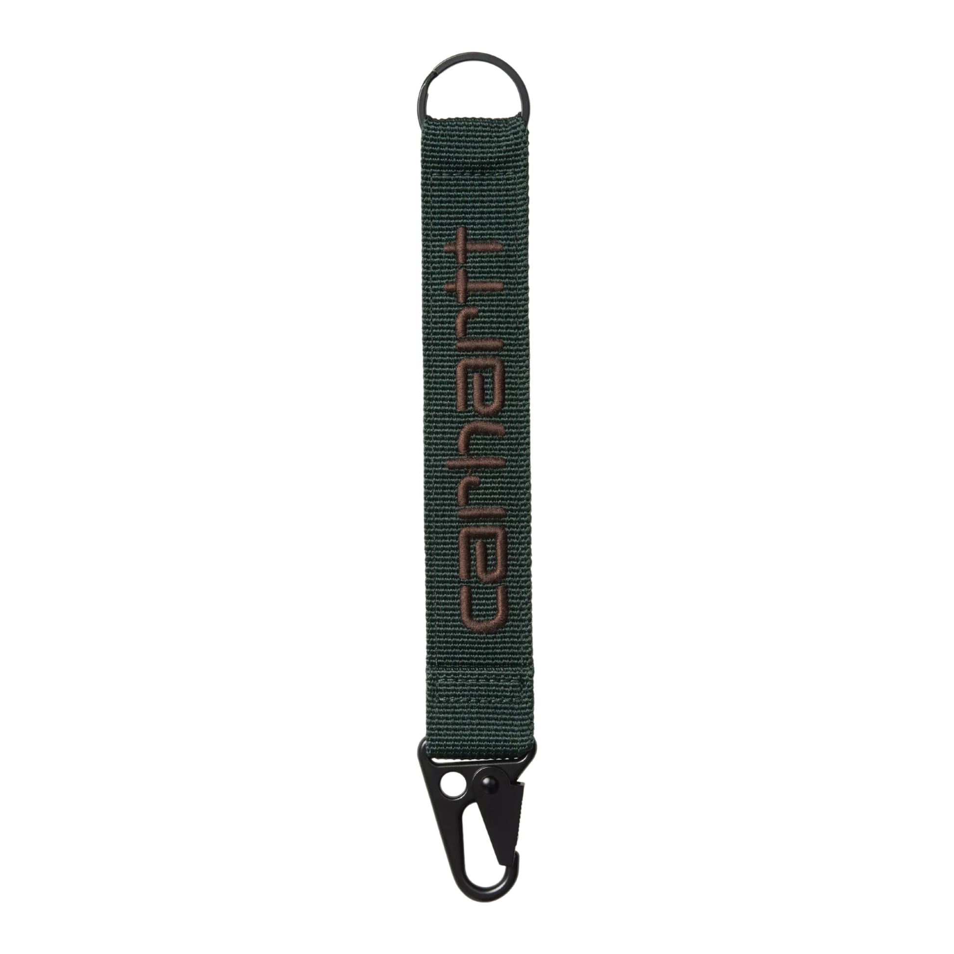 Porta-chaves Carhartt WIP Jaden Keyholder em Dark Scarab / Palisander — vista frontal, tira de rede de poliéster canelada verde-floresta escuro com letras "carhartt" bordadas em castanho-escuro em relevo, argola D-ring preta no topo, mosquetão preto na parte inferior, fundo branco.
