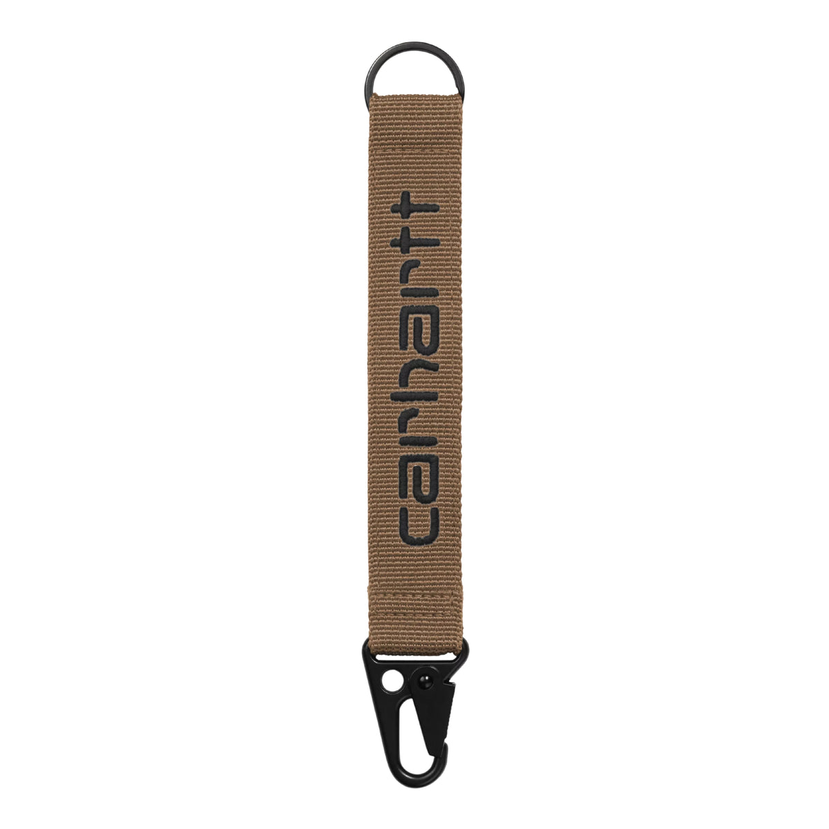 Porta-chaves Carhartt WIP Jaden Keyholder em WIP H Brown / Black — vista frontal, tira de rede de poliéster canelada castanho-quente com letras "carhartt" bordadas em preto em relevo ao centro, argola D-ring preta no topo, mosquetão tático preto na parte inferior, fundo branco.
