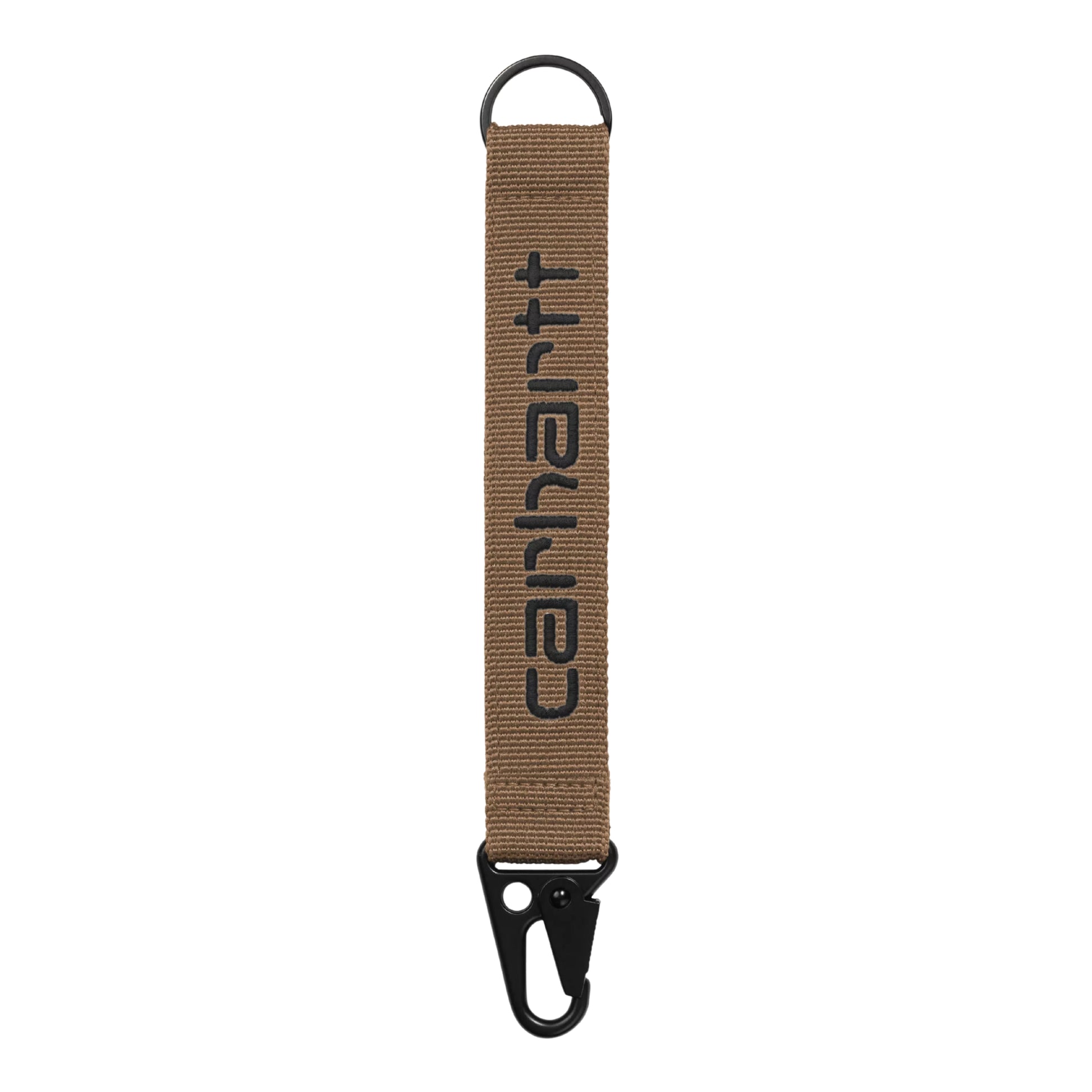 Porta-chaves Carhartt WIP Jaden Keyholder em WIP H Brown / Black — vista frontal, tira de rede de poliéster canelada castanho-quente com letras "carhartt" bordadas em preto em relevo ao centro, argola D-ring preta no topo, mosquetão tático preto na parte inferior, fundo branco.