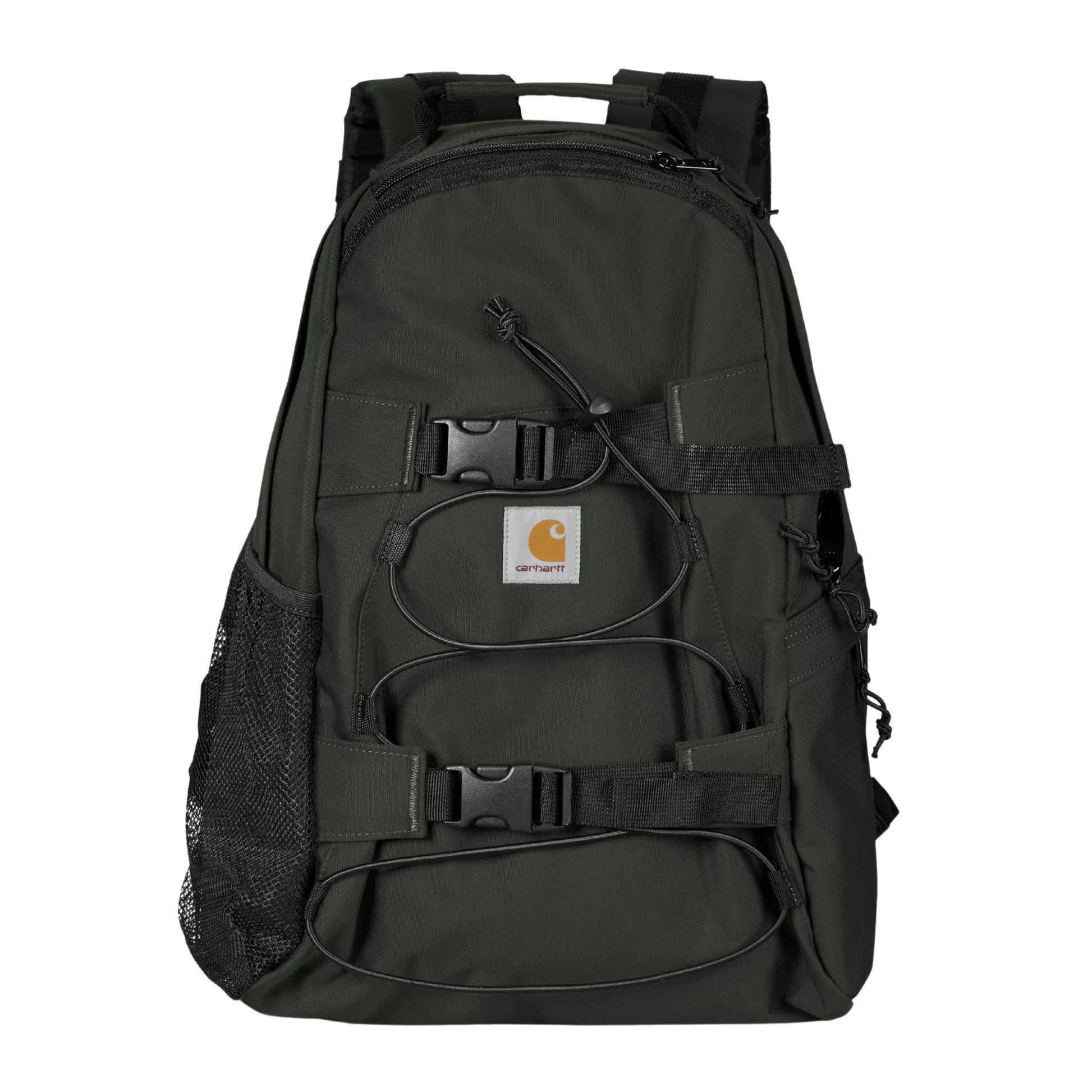 Mochila Carhartt WIP Kickflip Backpack em Raven — produto sem modelo, vista frontal, detalhe das fivelas, fitas elásticas, patch Carhartt dourado, bolso lateral em mesh e fecho de correr duplo no compartimento principal.