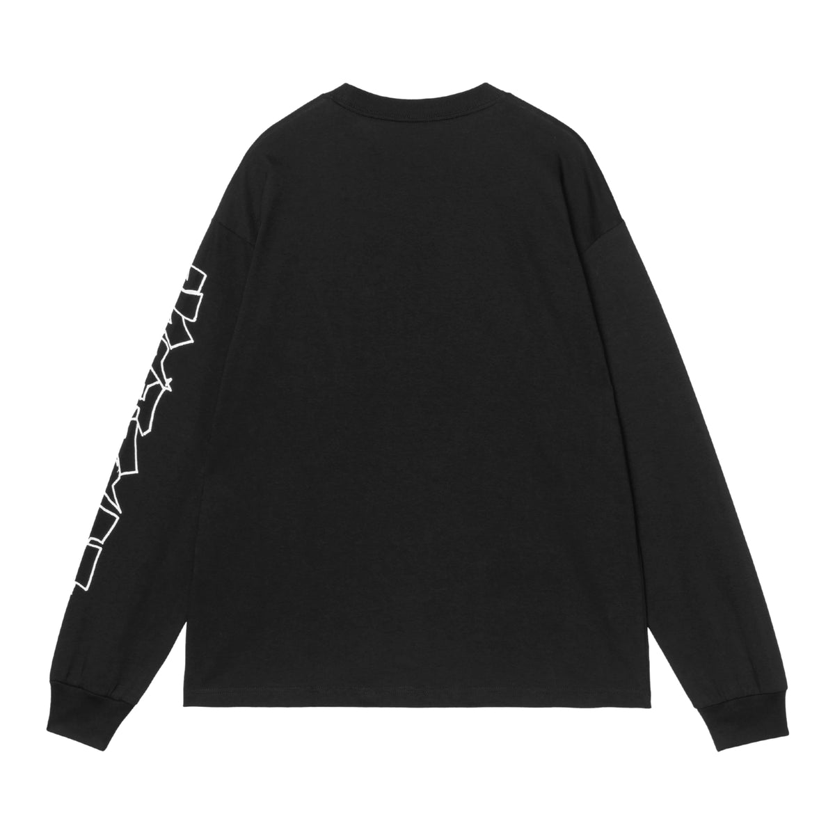 T-shirt de manga comprida Carhartt WIP x Blinkerfluid em preto — flat lay de costas, com lettering graffiti outline Carhartt WIP na manga esquerda.