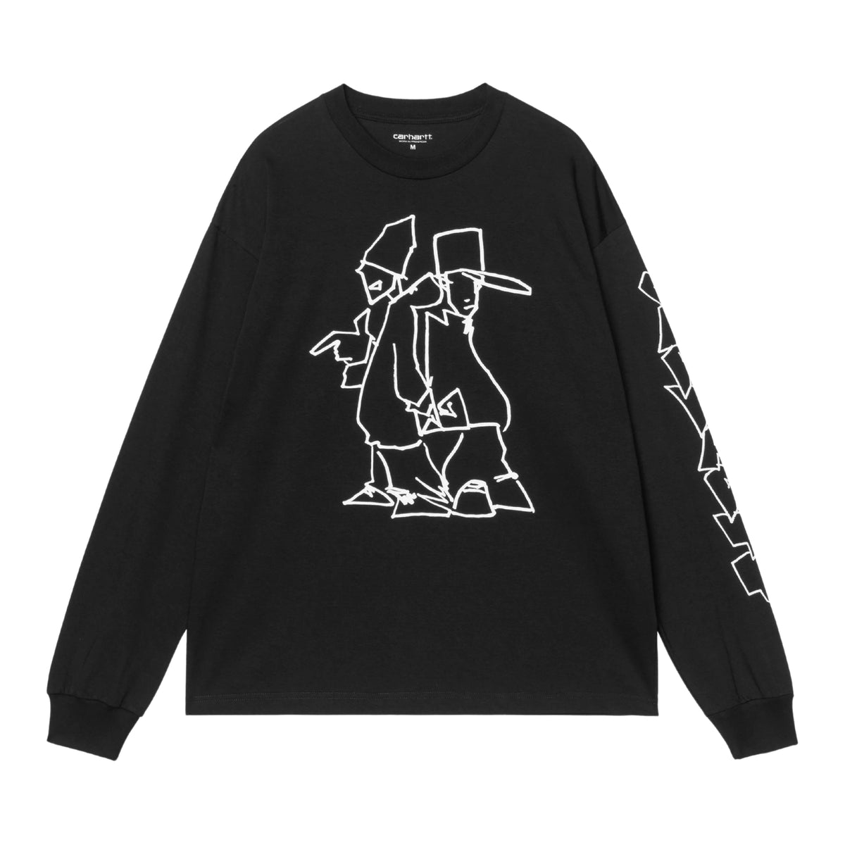 T-shirt de manga comprida Carhartt WIP x Blinkerfluid em preto — flat lay de frente, com gráfico b-boy line art no peito e lettering graffiti outline na manga direita.