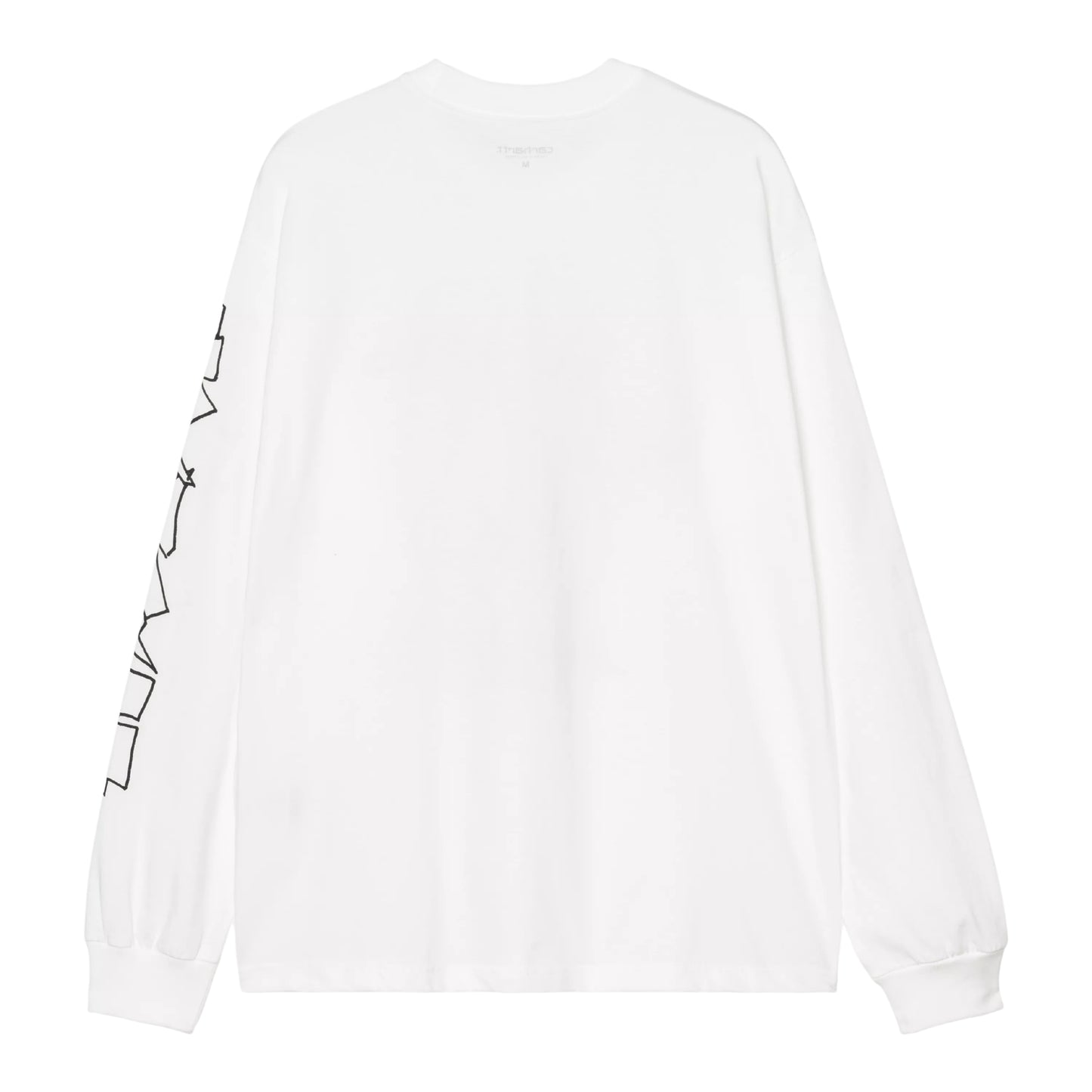 T-shirt de manga comprida Carhartt WIP L/S Blinkerfluid em Branco — flat lay de costas, t-shirt branca com lettering graffiti outline Carhartt WIP na manga esquerda visível, costas lisas, punhos canelados, fundo branco.