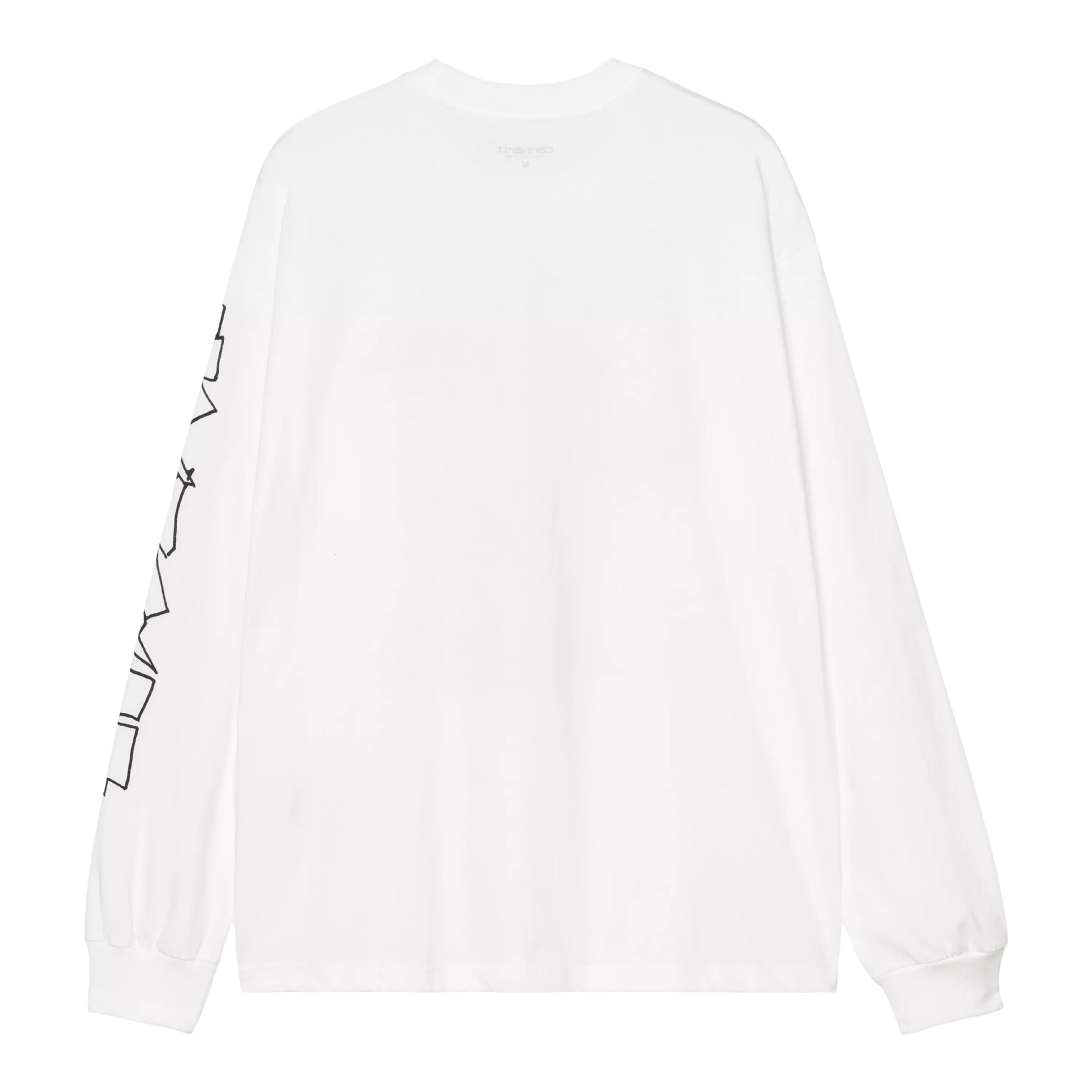 T-shirt de manga comprida Carhartt WIP L/S Blinkerfluid em Branco — flat lay de costas, t-shirt branca com lettering graffiti outline Carhartt WIP na manga esquerda visível, costas lisas, punhos canelados, fundo branco.