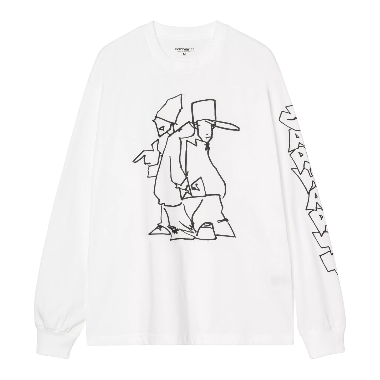 T-shirt de manga comprida Carhartt WIP L/S Blinkerfluid em Branco — flat lay de frente, t-shirt branca com gráfico line art de duas figuras com chapéu no peito, lettering graffiti outline Carhartt WIP na manga direita, etiqueta Carhartt na gola interior visível, fundo branco.