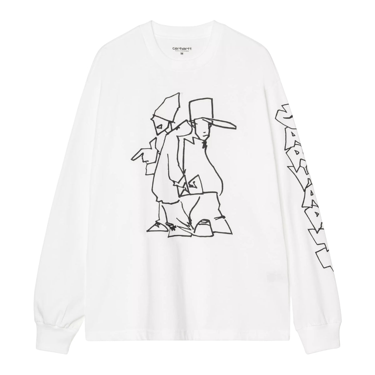 T-shirt de manga comprida Carhartt WIP L/S Blinkerfluid em Branco — flat lay de frente, t-shirt branca com gráfico line art de duas figuras com chapéu no peito, lettering graffiti outline Carhartt WIP na manga direita, etiqueta Carhartt na gola interior visível, fundo branco.