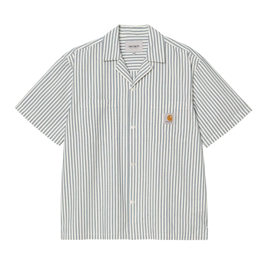 Camisa de manga curta para homem Carhartt WIP Leavel em Leavel Stripe, Azul River. Foto da parte da frente.