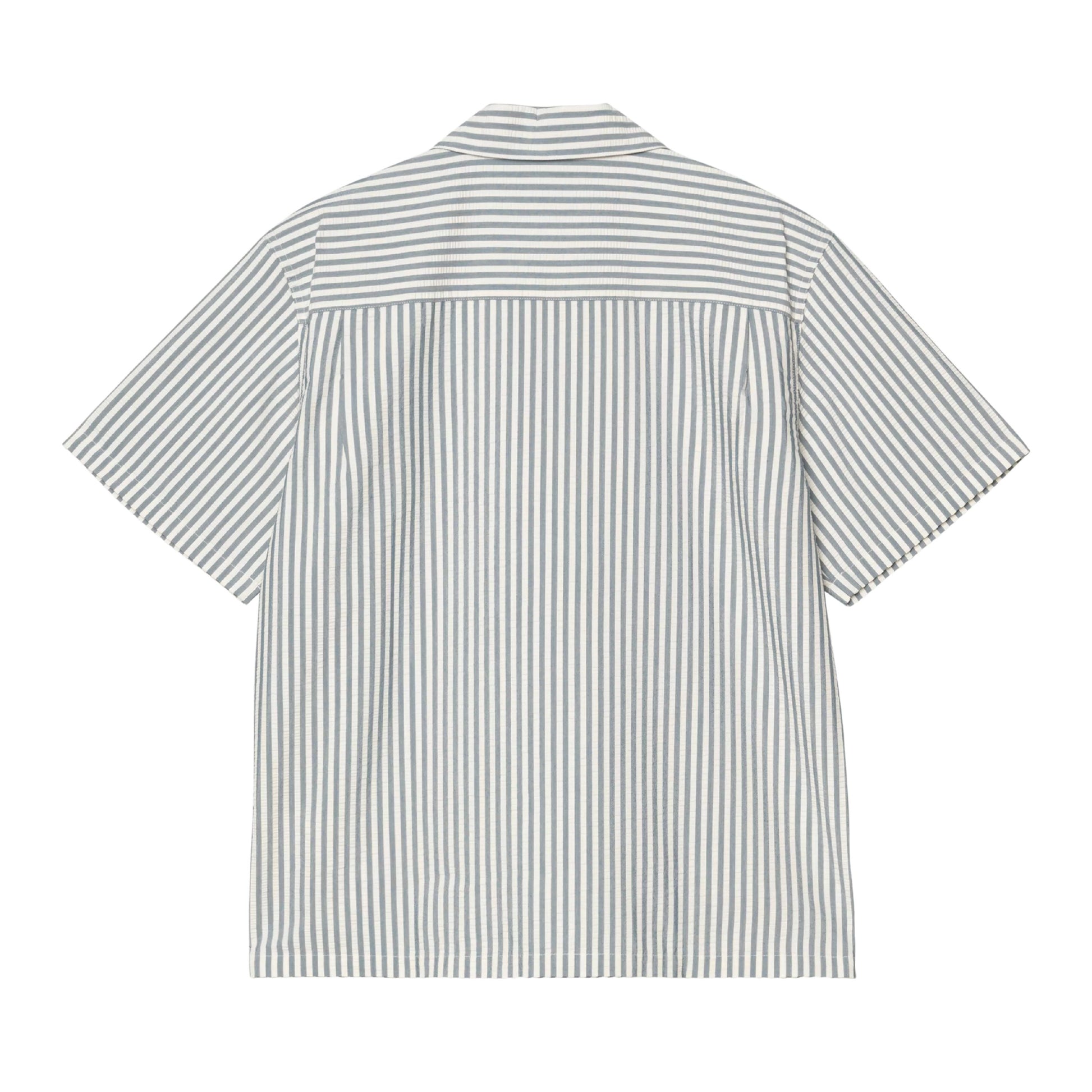 Camisa de manga curta para homem Carhartt WIP Leavel em Leavel Stripe, Azul River. Foto da parte de trás.