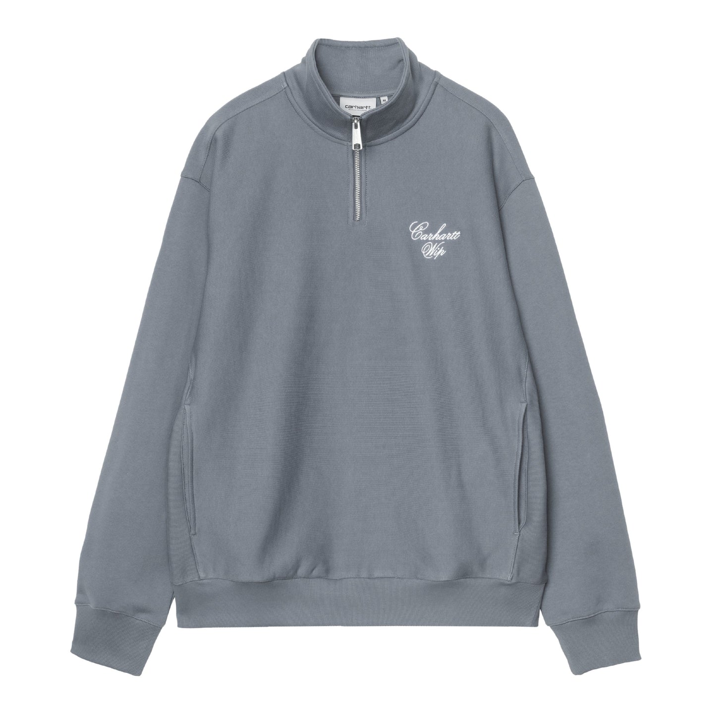 Sweat half zip para homem Carhartt WIP Longhand em Azul Cozy/Branco. Foto da parte da frente.
